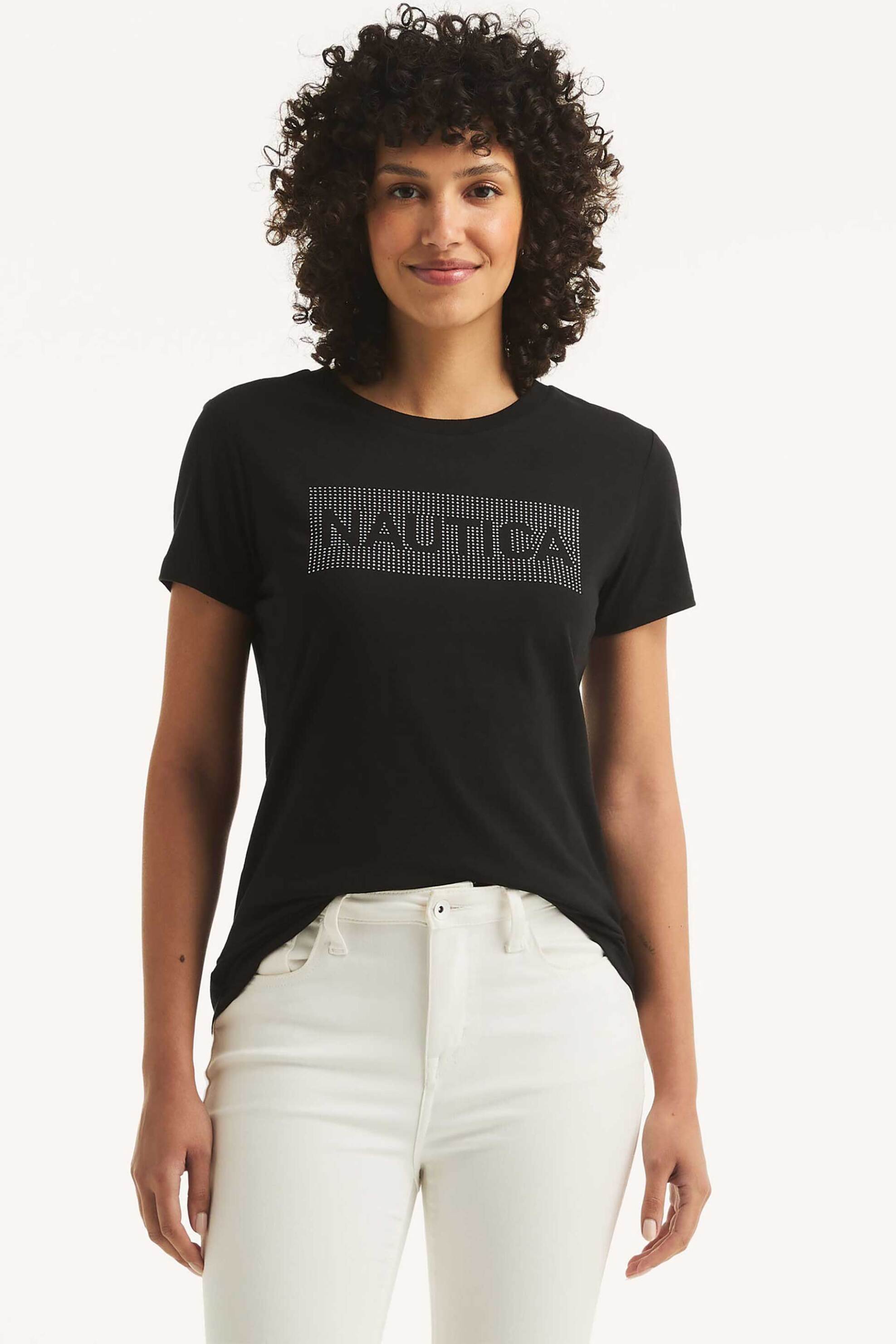 Nautica γυναικείο T-shirt με λογότυπο από στρας Classic Fit - 38V107 Μαύρο