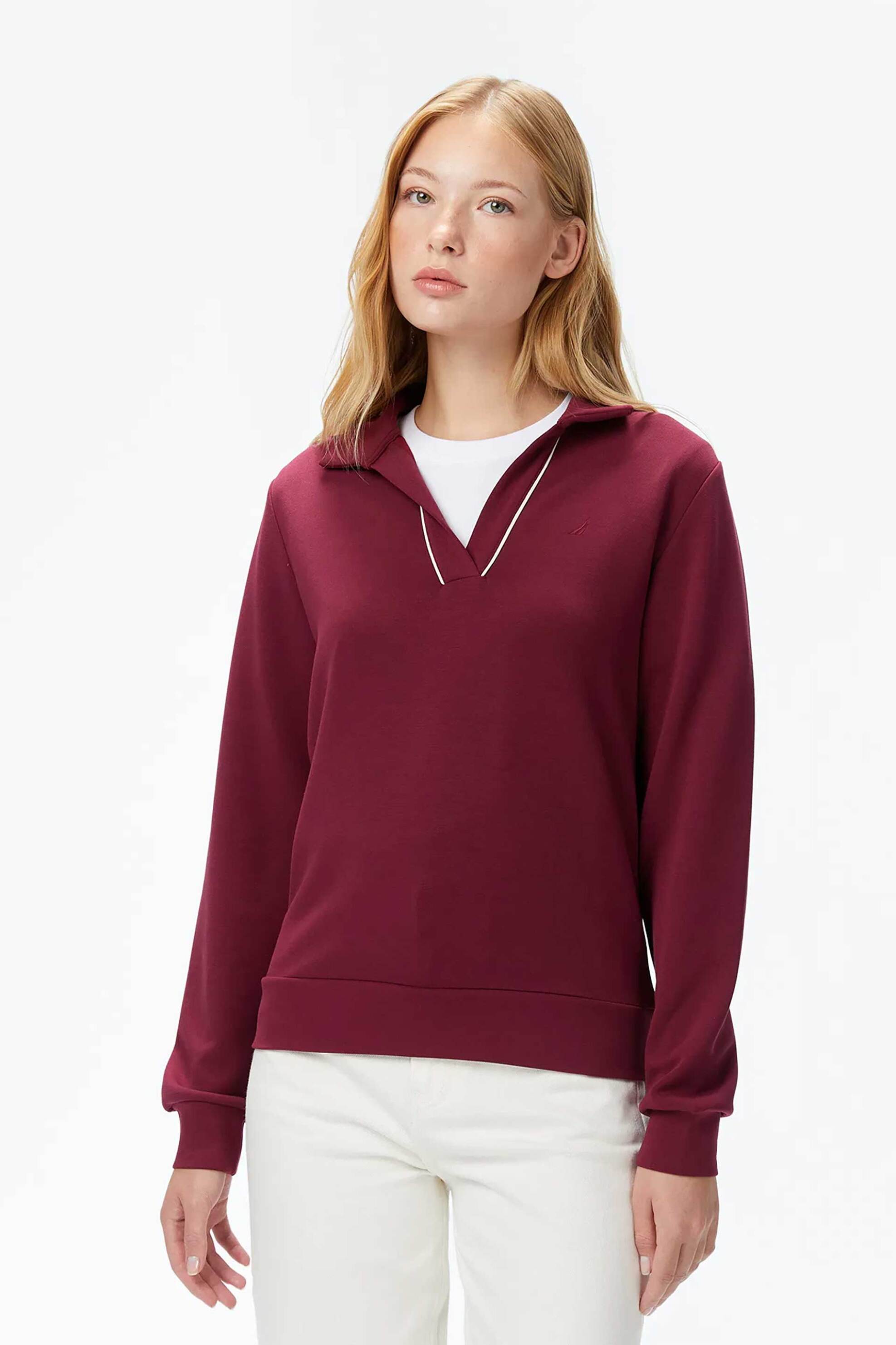 Nautica γυναικεία μακρυμάνικη μπλούζα με γιακά και κεντημένο λογότυπο Regular Fit - 57K304T Μπορντό