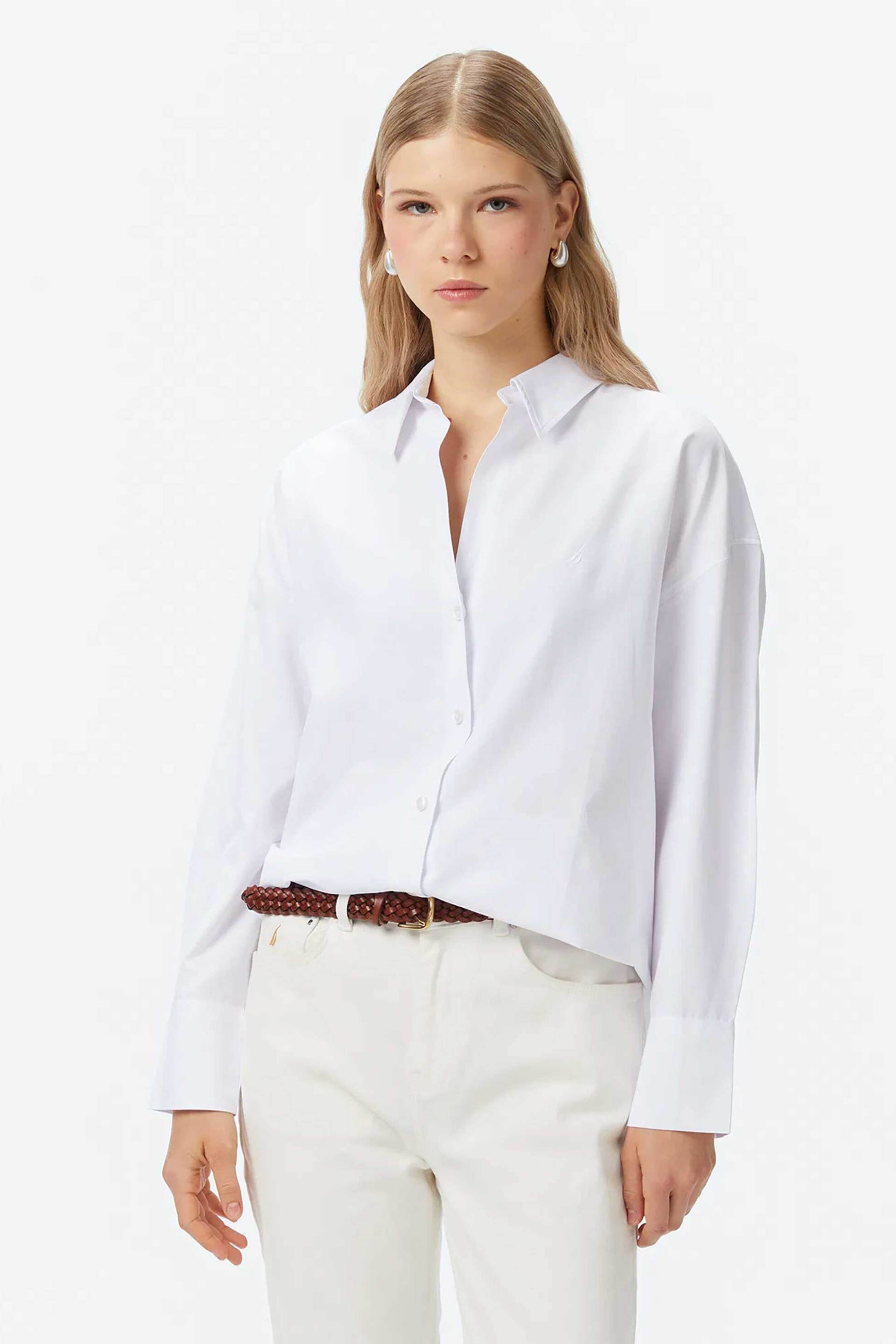 Nautica γυναικείο πουκάμισο μονόχρωμο με κεντημένο λογότυπο Oversized Fit