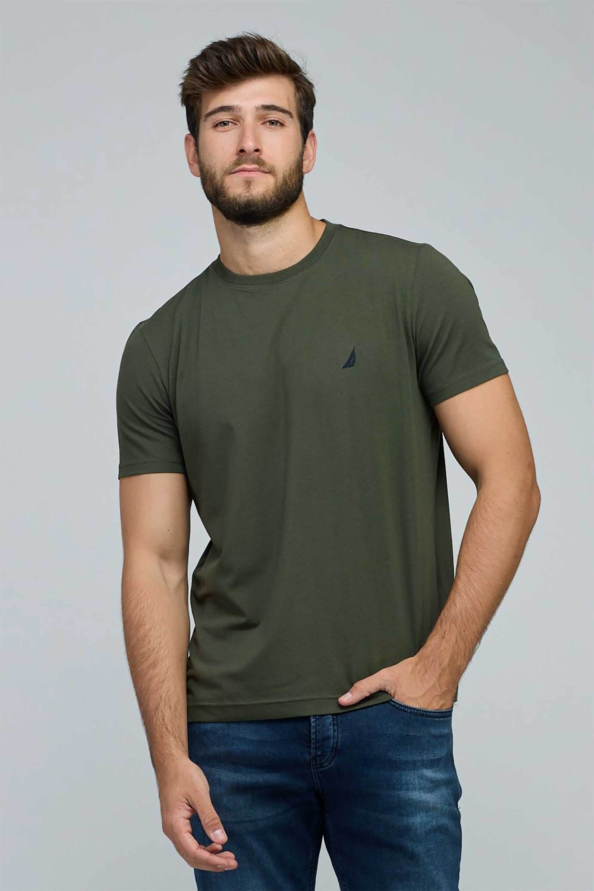 Nautica ανδρικό T-shirt με κεντημένο λογότυπο Classic Fit - 91001V Χακί