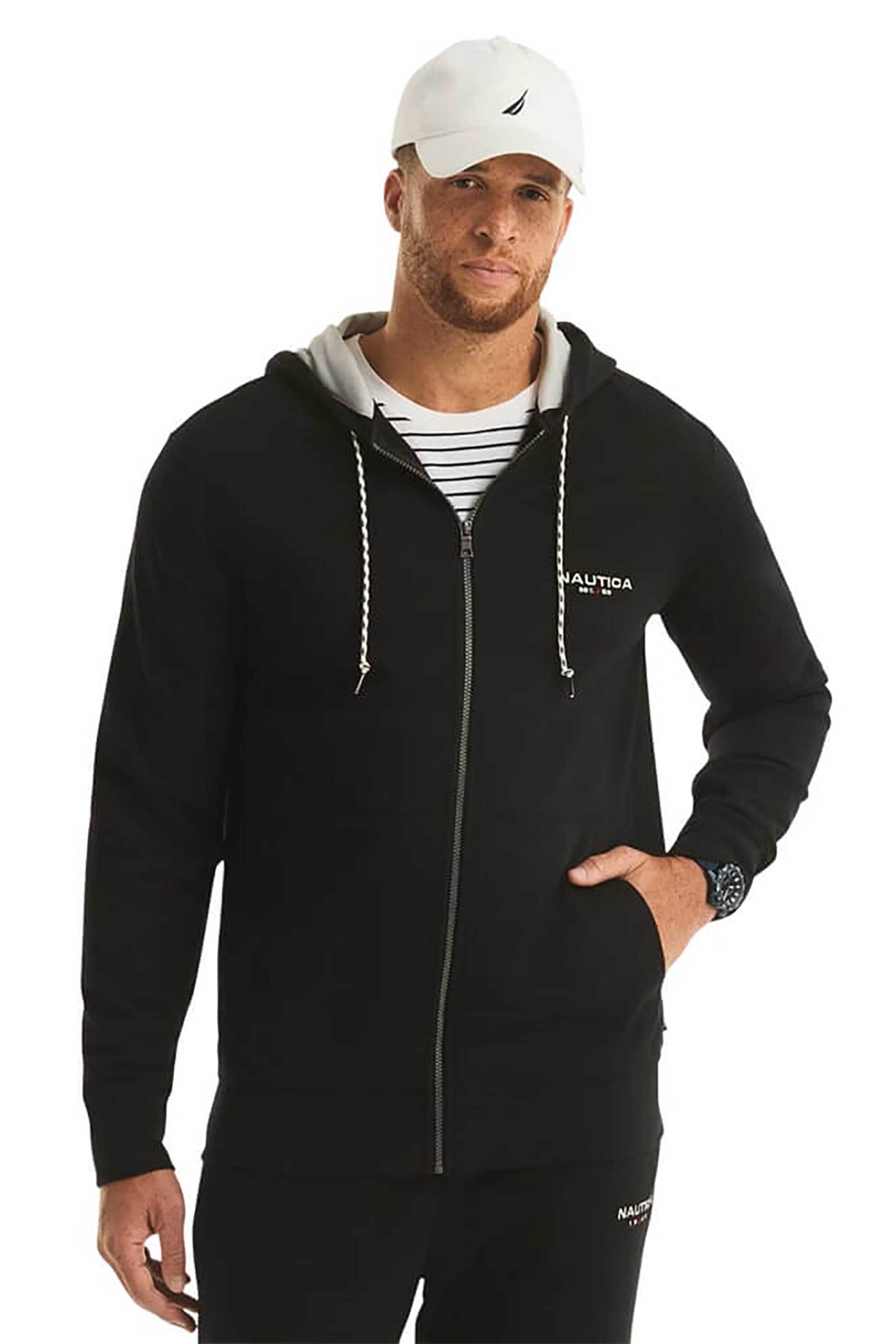 Nautica ανδρική ζακέτα φούτερ με κουκούλα και λογότυπο Regular Fit - K57071 Μαύρο