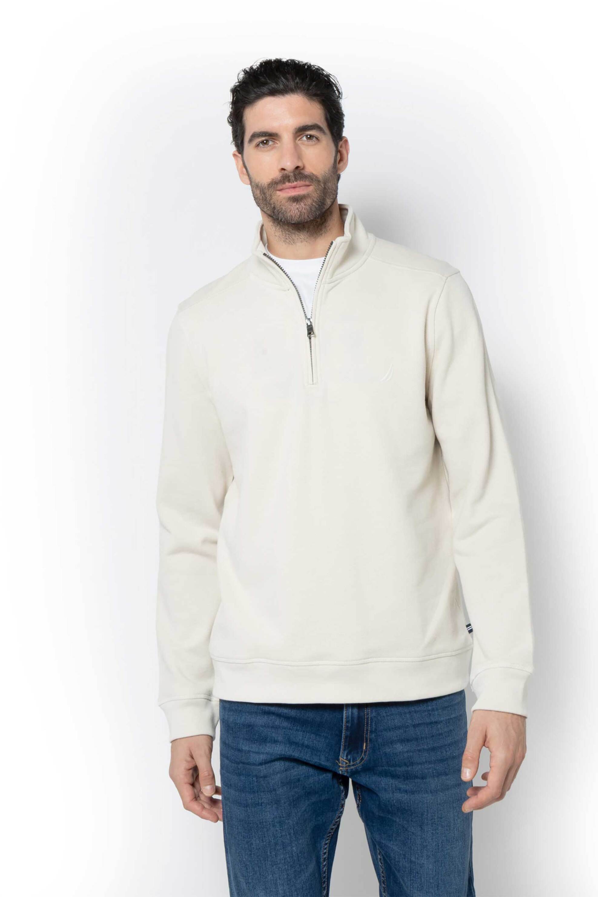 Nautica ανδρική μπλούζα φούτερ πικέ με ψηλό λαιμό και κεντημένο λογότυπο Regular Fit - K57174 Υπόλευκο