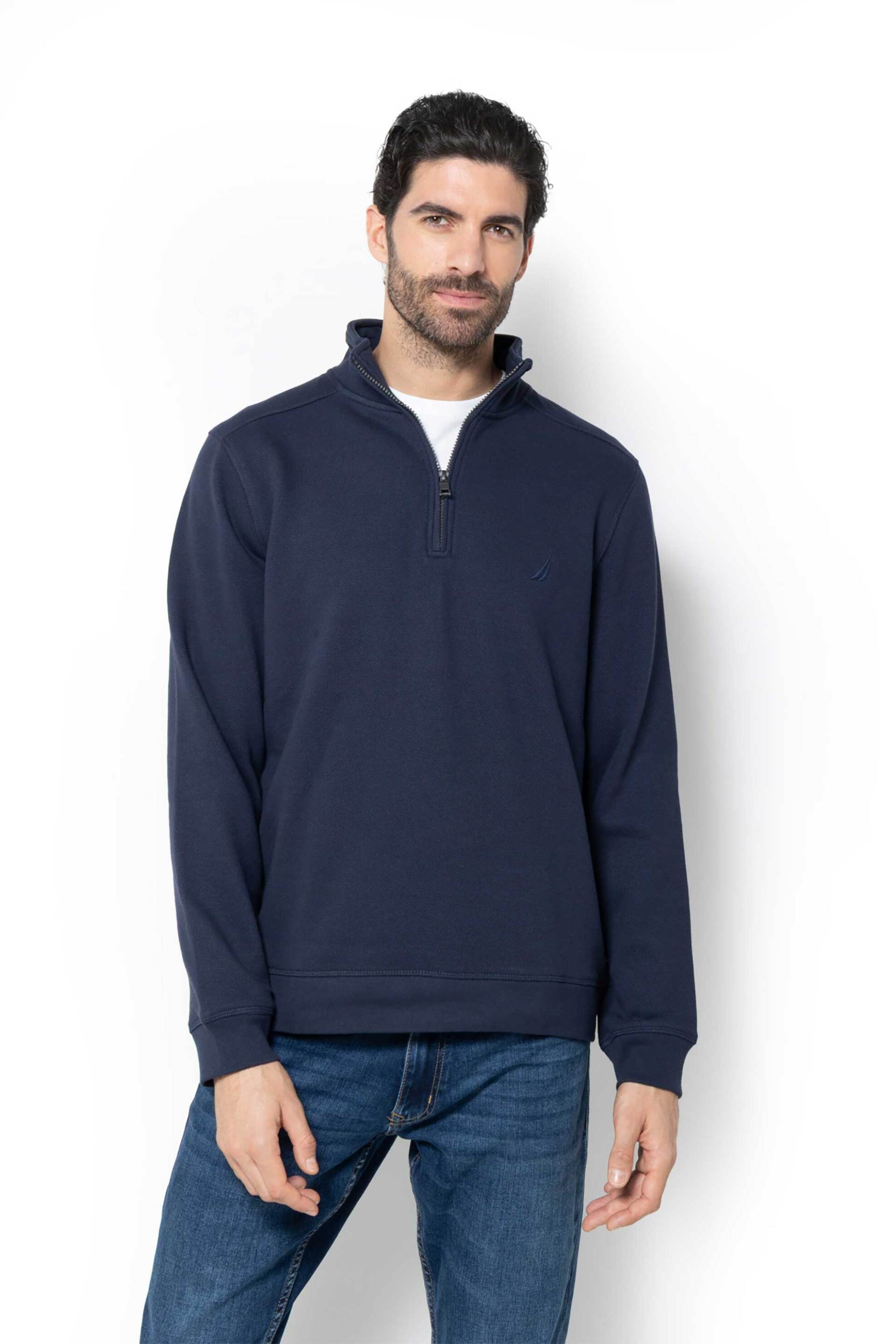 Nautica ανδρική μπλούζα φούτερ πικέ με ψηλό λαιμό και κεντημένο λογότυπο Regular Fit - K57174 Σκούρο Μπλε