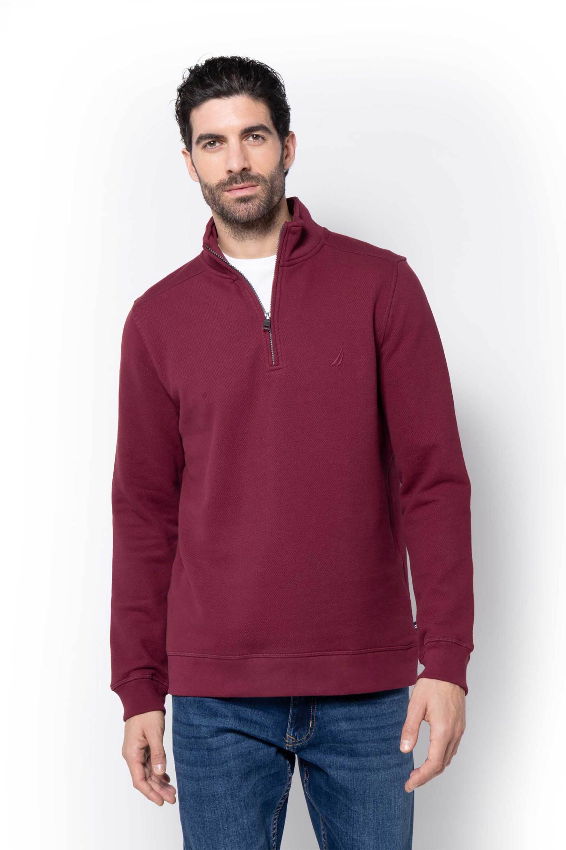 Nautica ανδρική μπλούζα φούτερ πικέ με ψηλό λαιμό και κεντημένο λογότυπο Regular Fit - K57174 Μπορντό