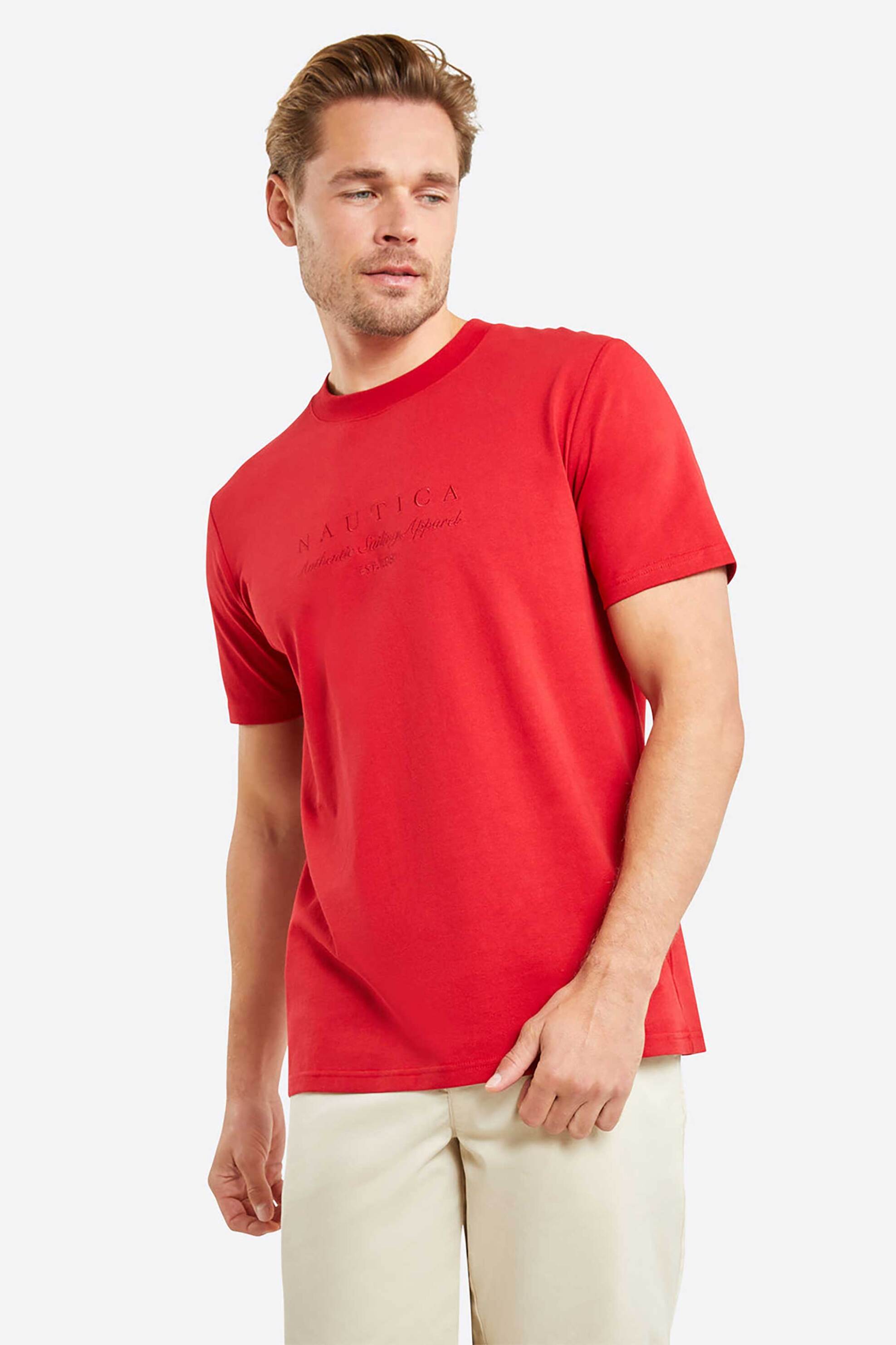 Ανδρική Μόδα > Ανδρικά Ρούχα > Ανδρικές Μπλούζες > Ανδρικά T-Shirts Nautica ανδρικό T-shirt μονόχρωμο βαμβακερό με tone-on-tone κεντημένο λογότυπο "Carnegie" - N1M01711 Κόκκινο