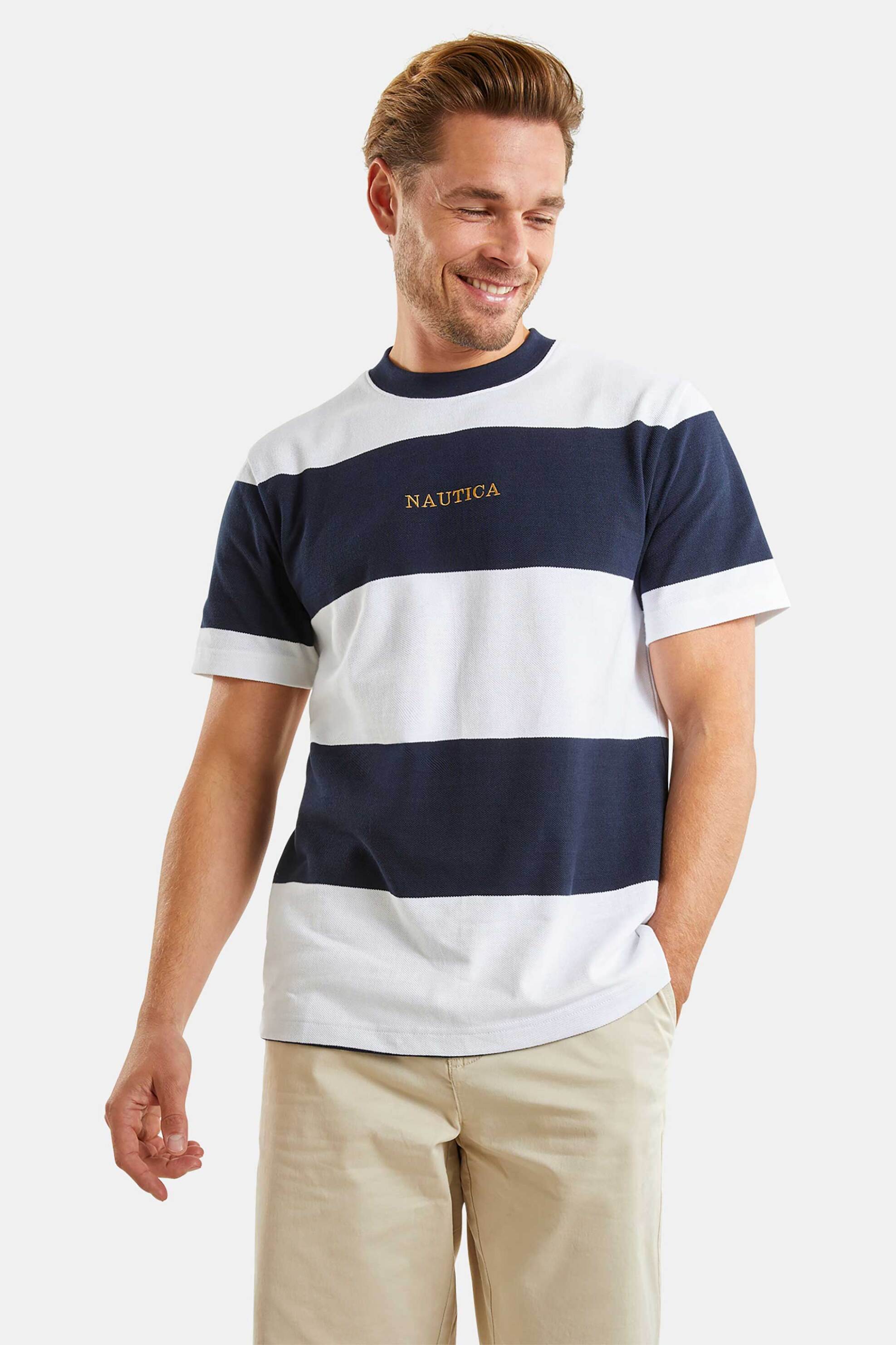 Ανδρική Μόδα > Ανδρικά Ρούχα > Ανδρικές Μπλούζες > Ανδρικά T-Shirts Nautica ανδρικό T-shirt με ριγέ σχέδιο και λογότυπο - N1M01722 Λευκό