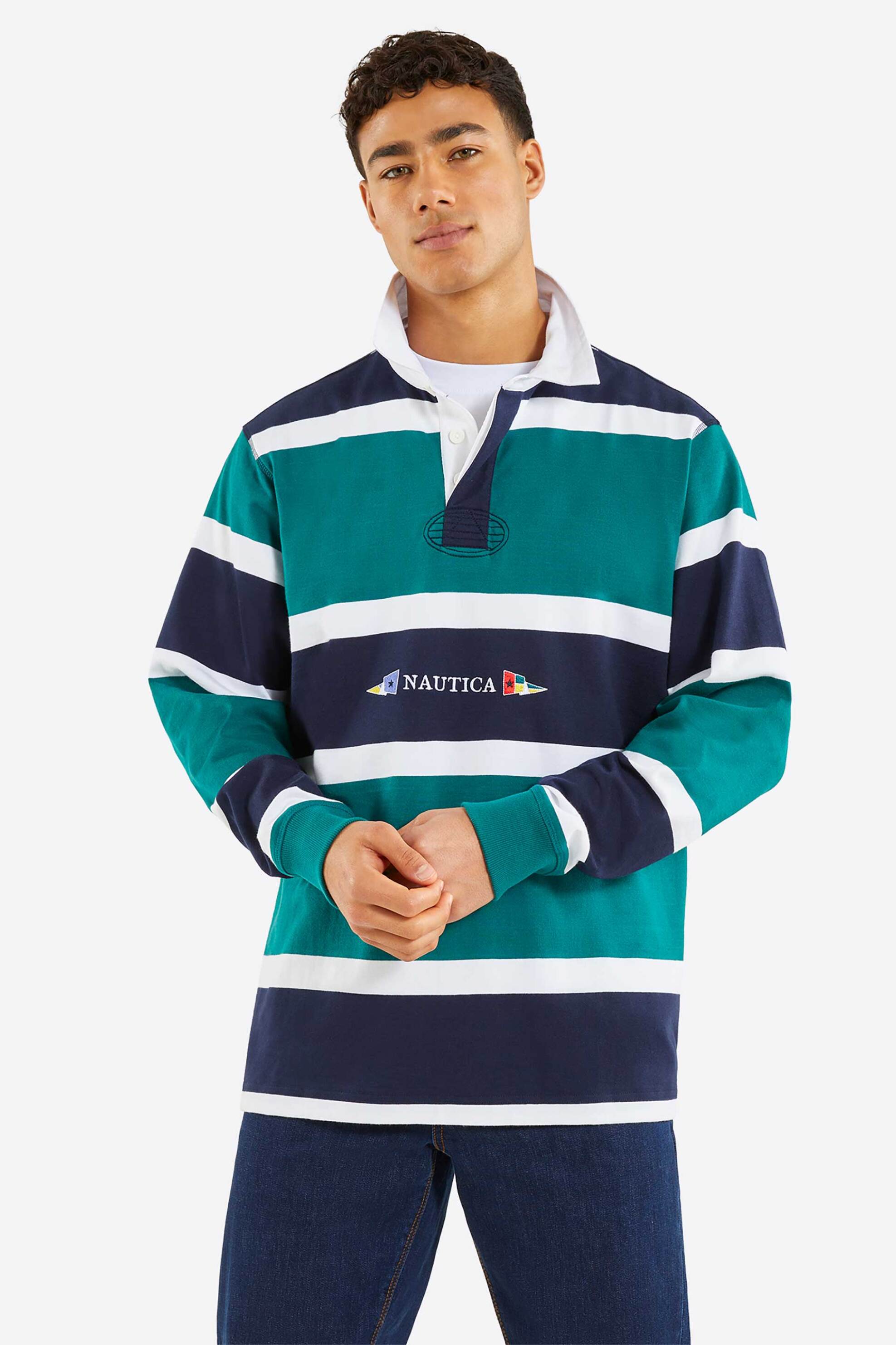 Nautica ανδρική πόλο μπλούζα με contrast ρίγες και κεντημένο λογότυπο - N1P02240 Πετρόλ