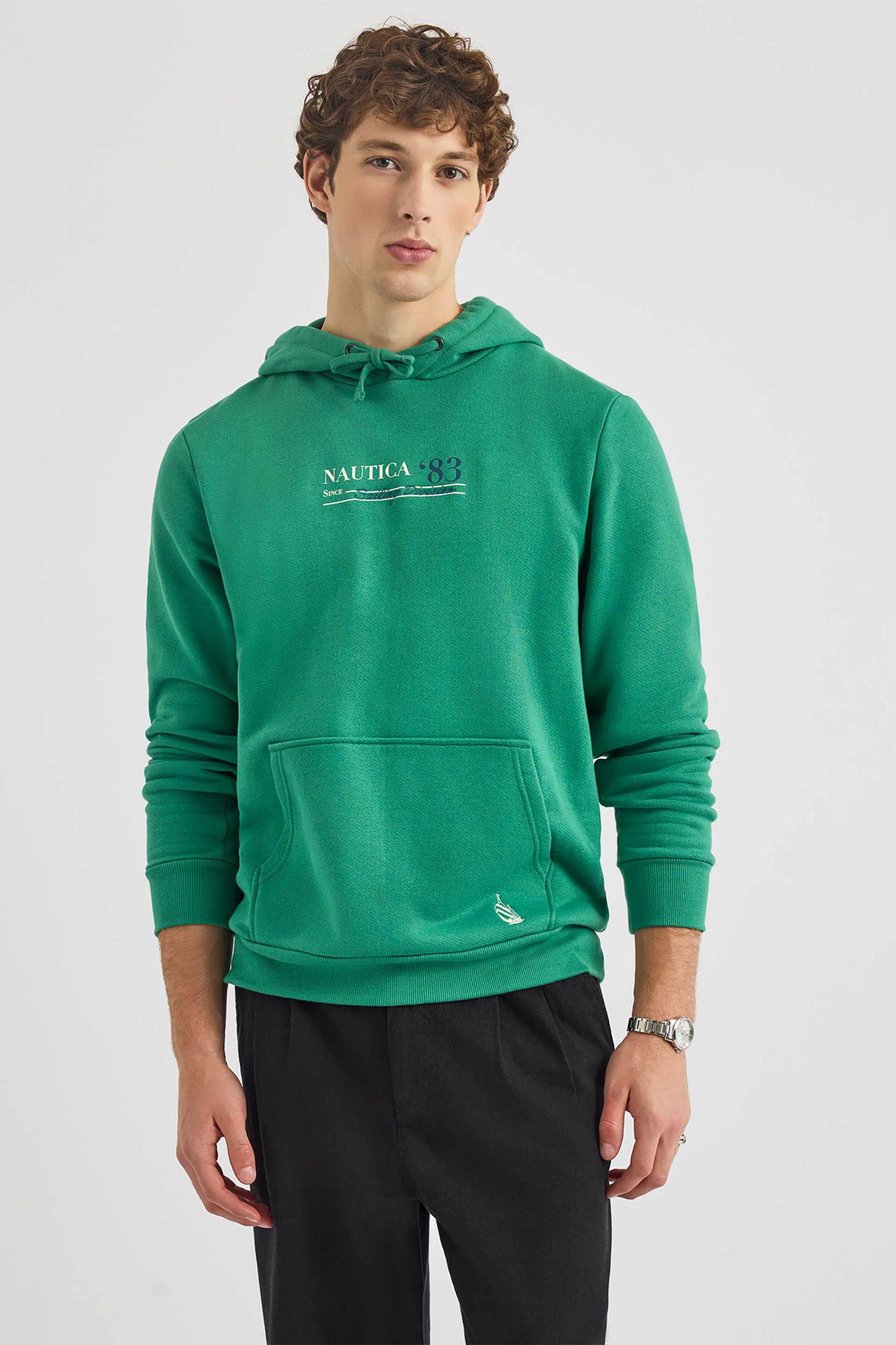 NAUTICA Nautica ανδρική μπλούζα φούτερ με κουκούλα και λογότυπο - N1S03499 Πράσινο Σμαραγδί