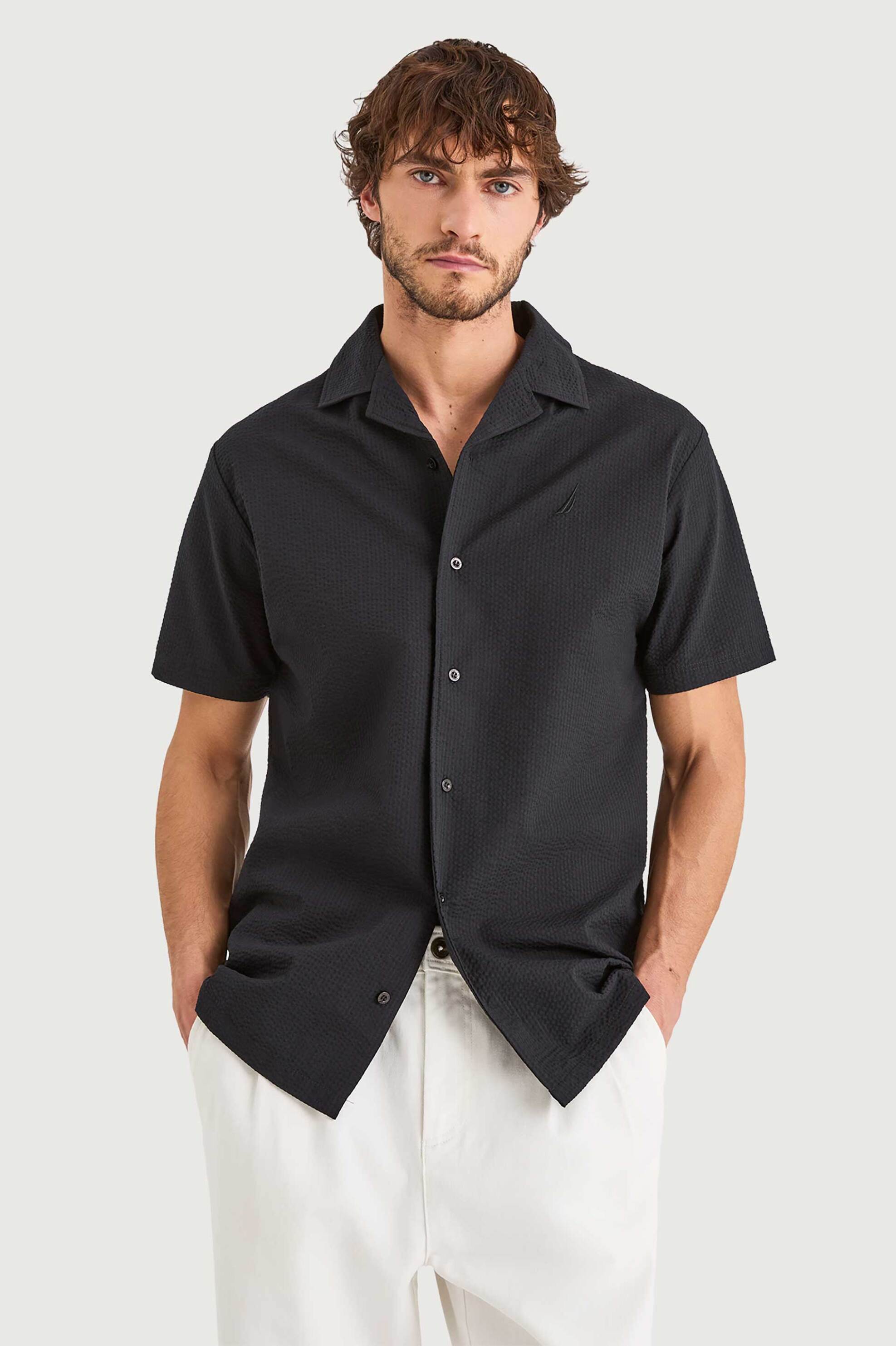Nautica ανδρικό κοντομάνικο πουκάμισο textured με κεντημένο λογότυπο - N1V03964 Μαύρο