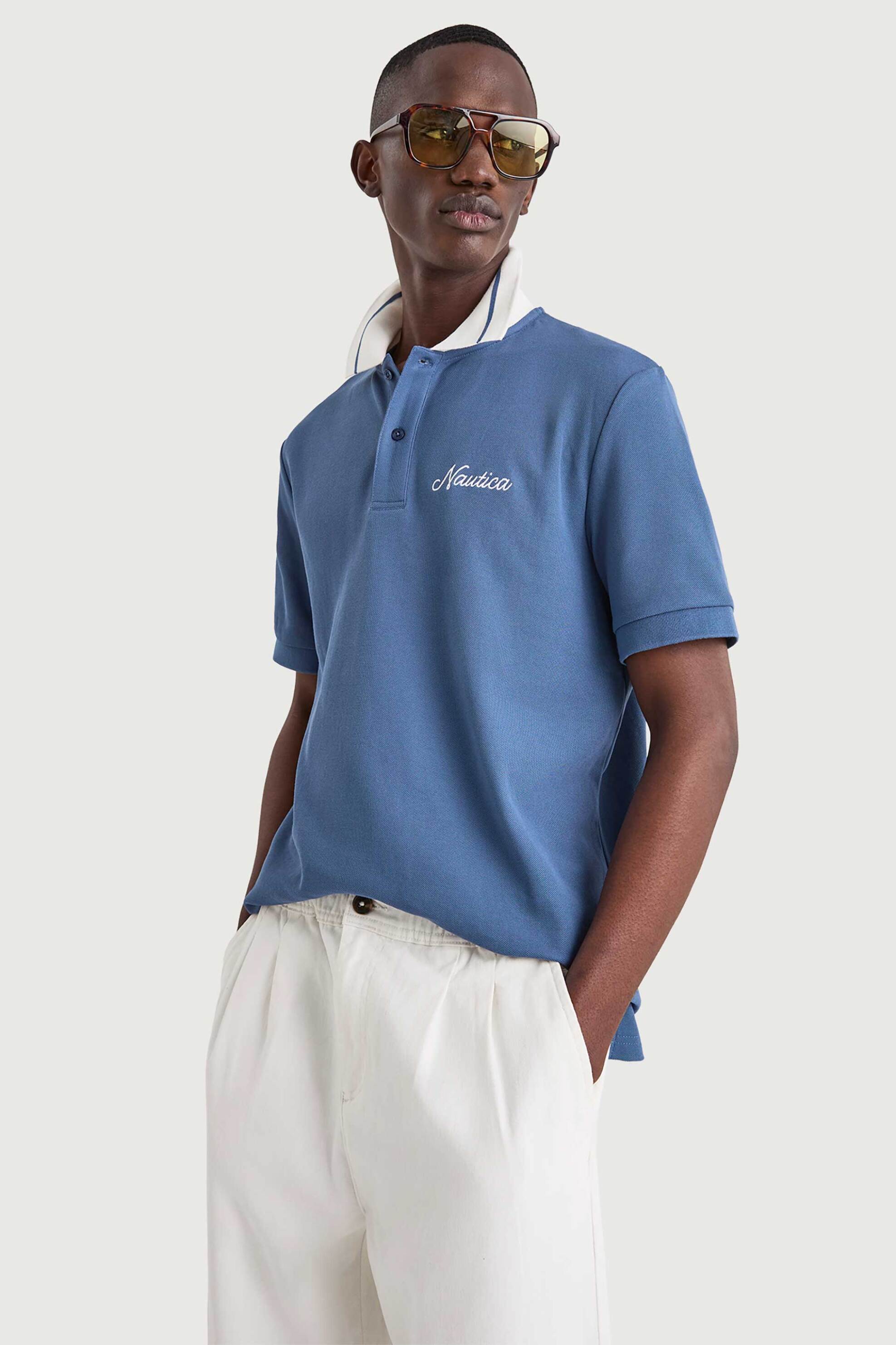 Nautica ανδρική μπλούζα πόλο πικέ με contrast γιακά και κεντημένο λογότυπο Classic Fit - N1V03983 Μπλε