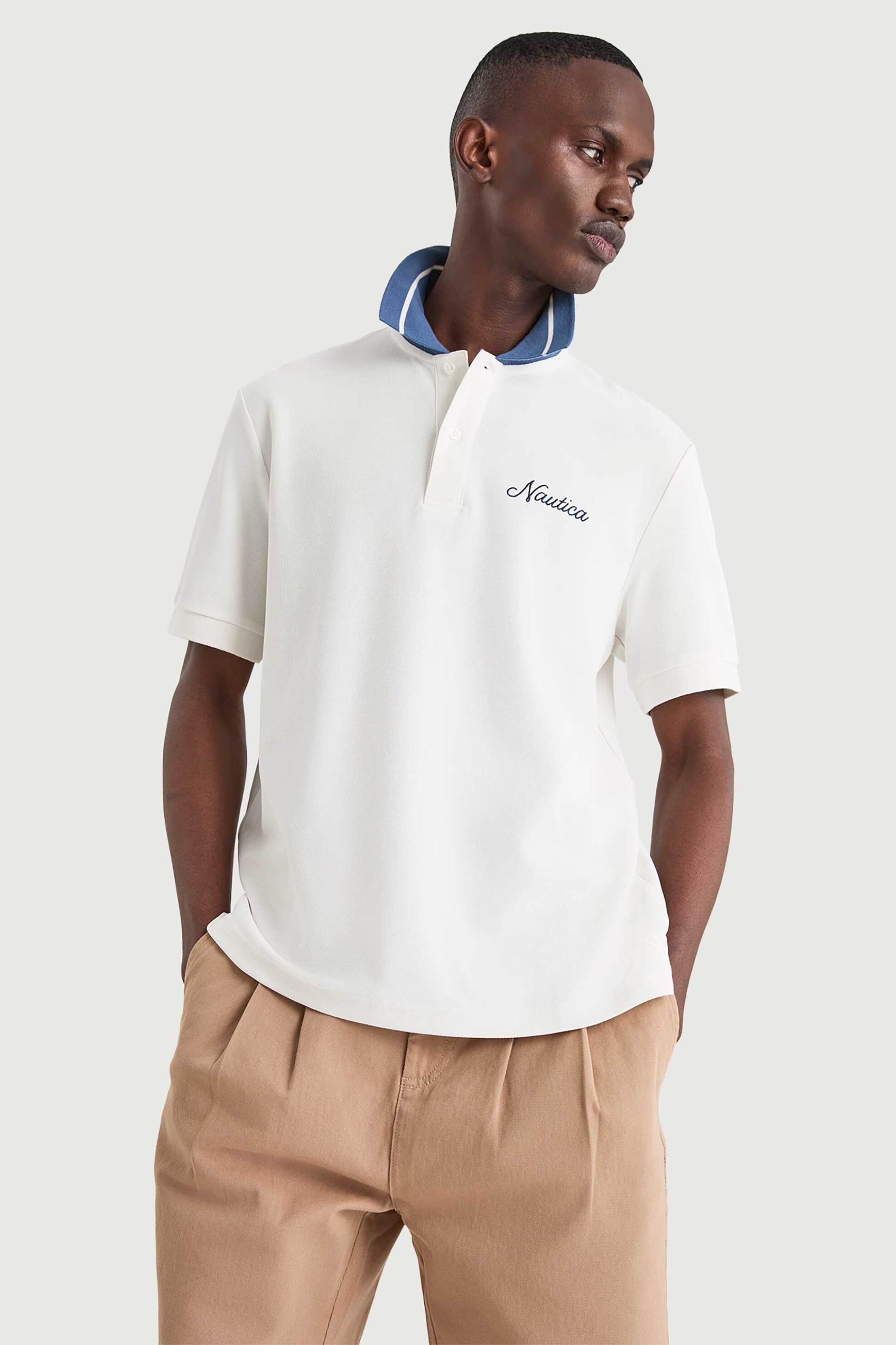 Nautica ανδρική μπλούζα πόλο πικέ με contrast γιακά και κεντημένο λογότυπο Classic Fit - N1V03983 Λευκό