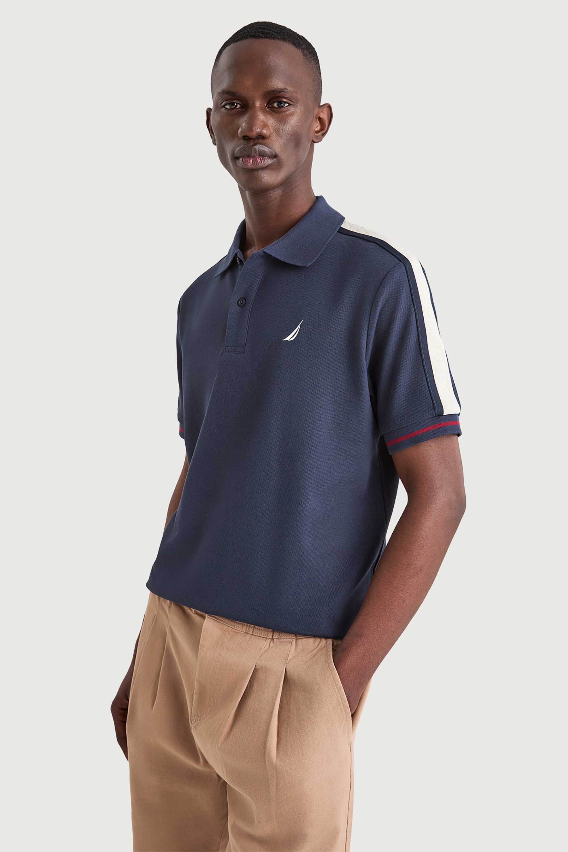 Nautica ανδρική μπλούζα πόλο πικέ με contrast λεπτομέρειες και κεντημένο λογότυπο Classic Fit - N1V04021 Μπλε Σκούρο