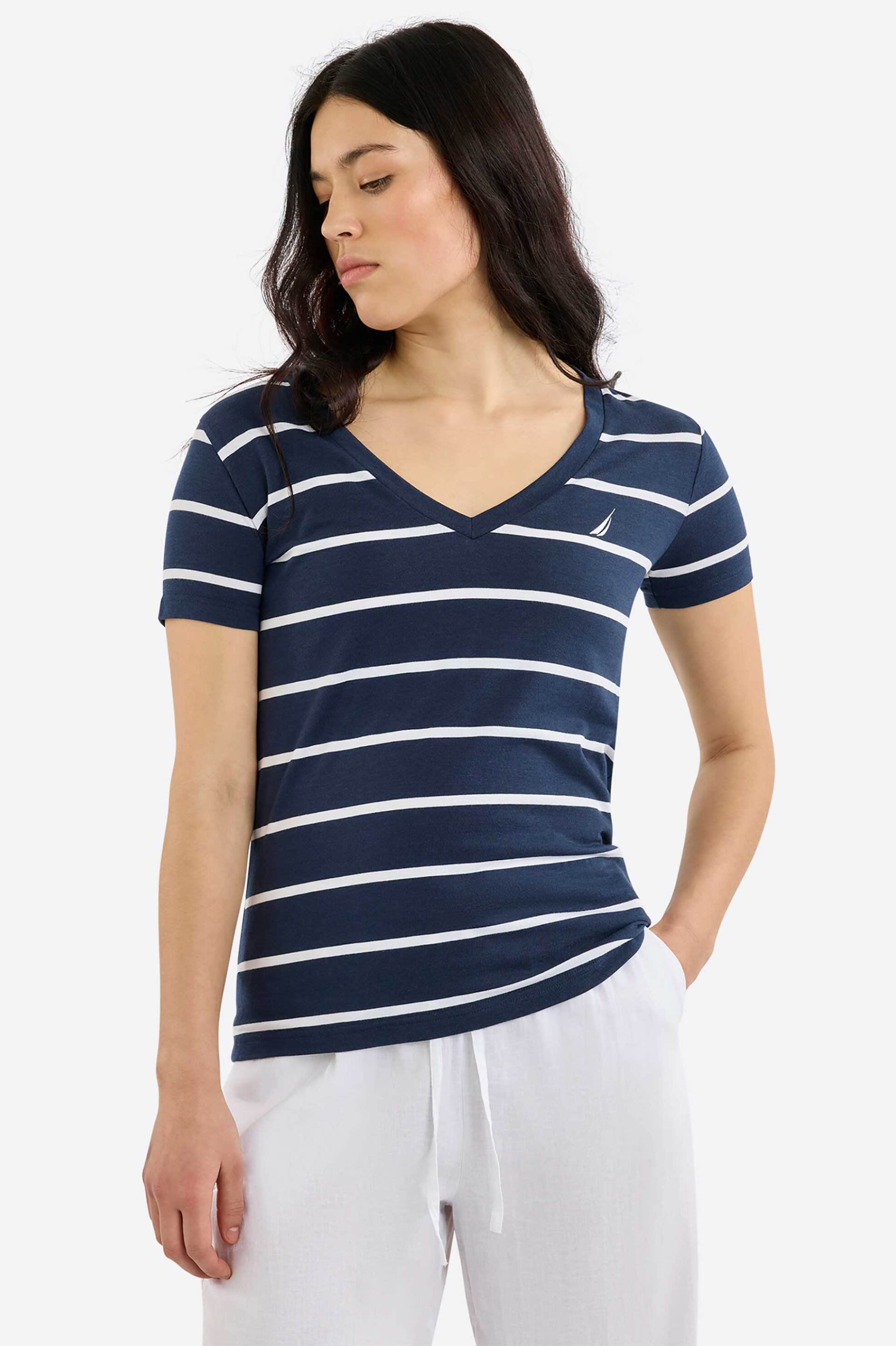 NAUTICA Nautica γυναικείο T-shirt με V, ριγέ σχέδιο και κεντημένο λογότυπο "Hosta" - N2R03047 Σκούρο Μπλε
