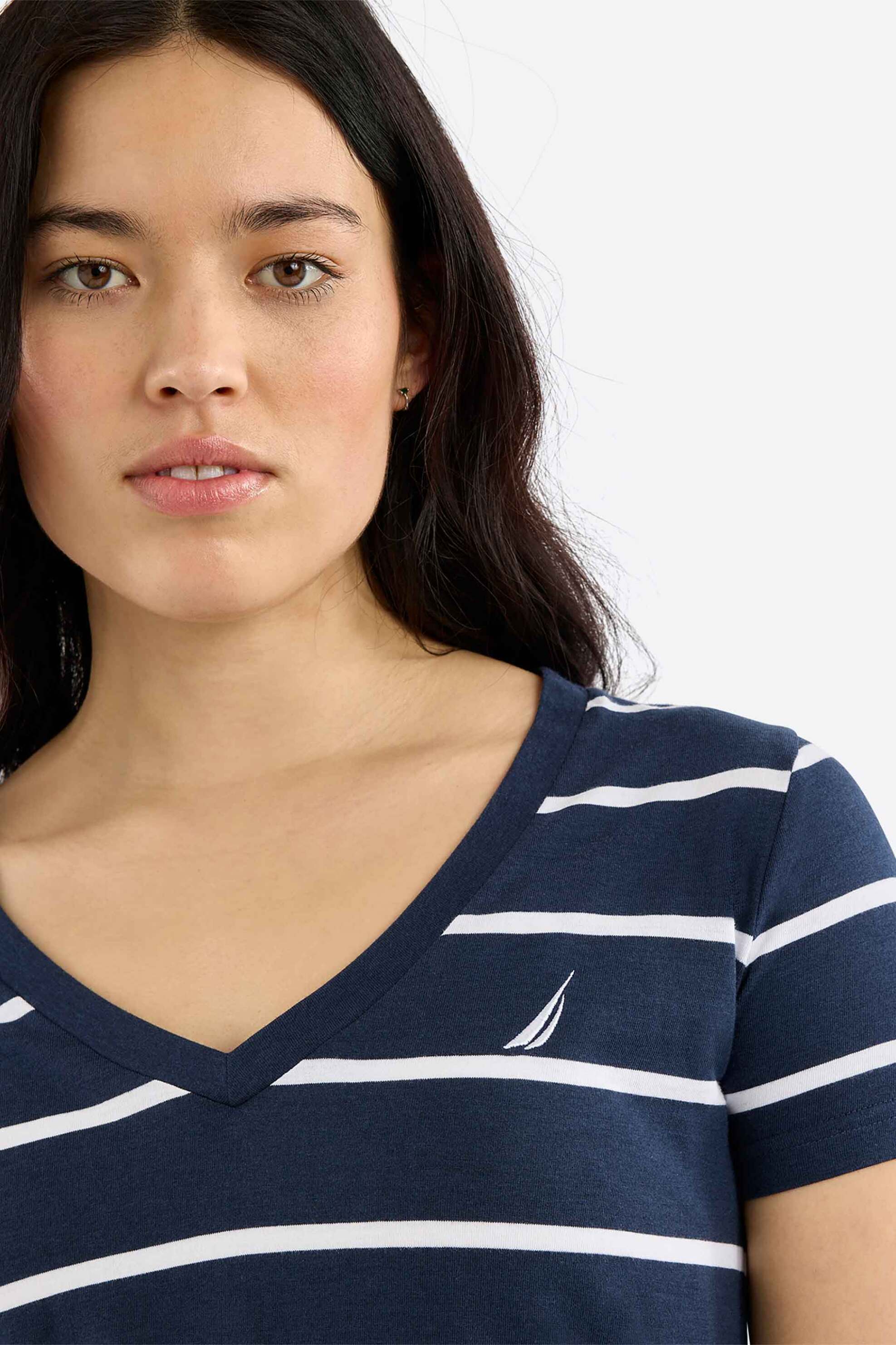 Nautica γυναικείο T-shirt με V, ριγέ σχέδιο και κεντημένο λογότυπο "Hosta" - N2R03047 Σκούρο Μπλε φωτογραφία