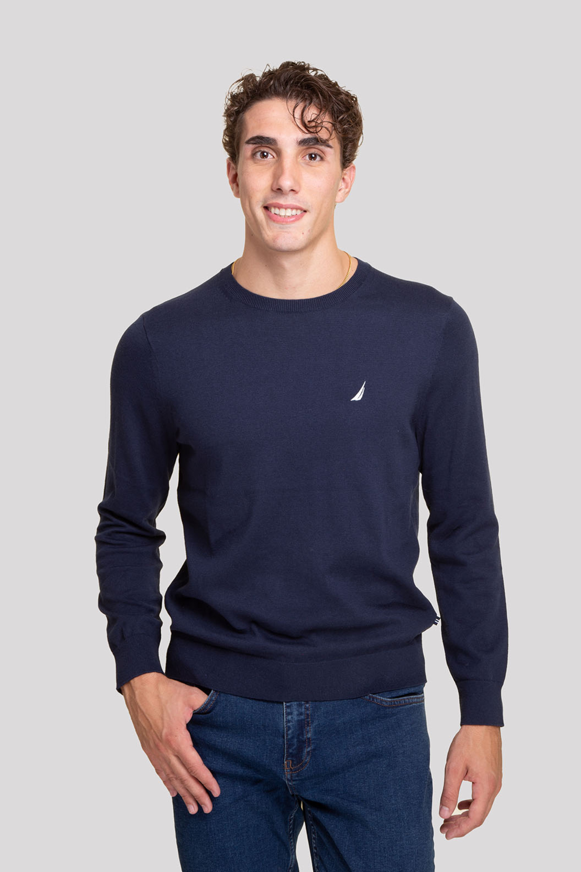 Nautica ανδρικό πουλόβερ μονόχρωμο με κεντημένο λογότυπο - S47001 Μπλε Σκούρο
