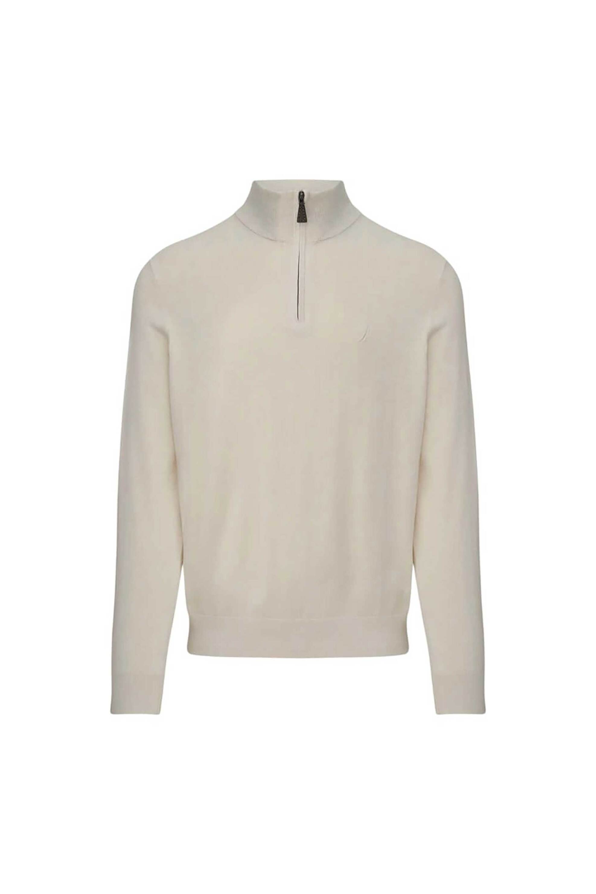 Nautica ανδρικό πουλόβερ μονόχρωμο με κεντημένο λογότυπο και ψηλό λαιμό με 1/2 φερμουάρ Regular Fit - S57101 Εκρού