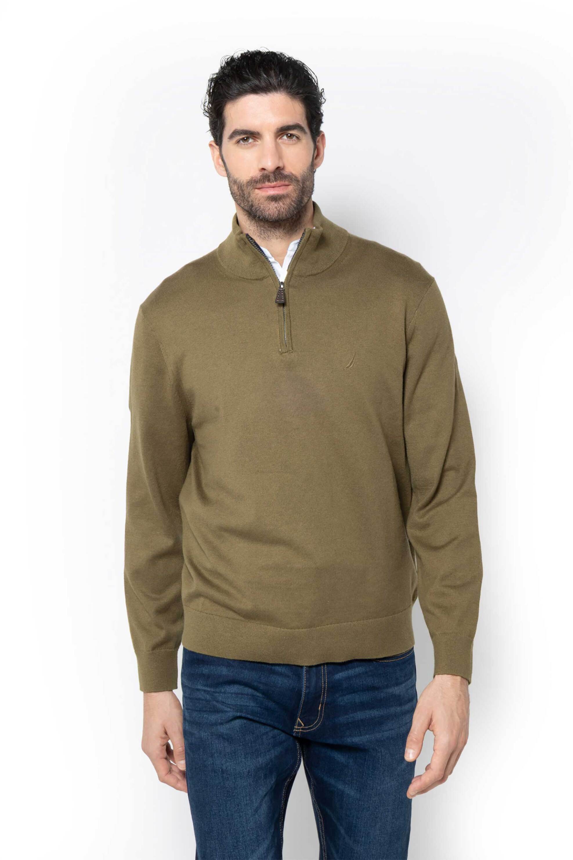 Nautica ανδρικό πουλόβερ μονόχρωμο με κεντημένο λογότυπο και ψηλό λαιμό με 1/2 φερμουάρ Regular Fit - S57101 Λαδί