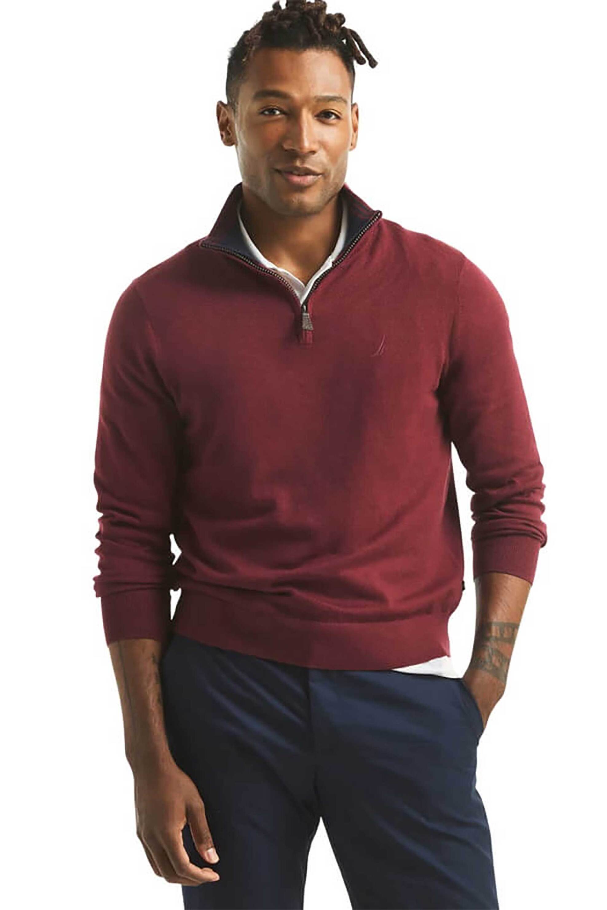 Nautica ανδρικό πουλόβερ μονόχρωμο με κεντημένο λογότυπο και ψηλό λαιμό με 1/2 φερμουάρ Regular Fit - S57101 Μπορντό