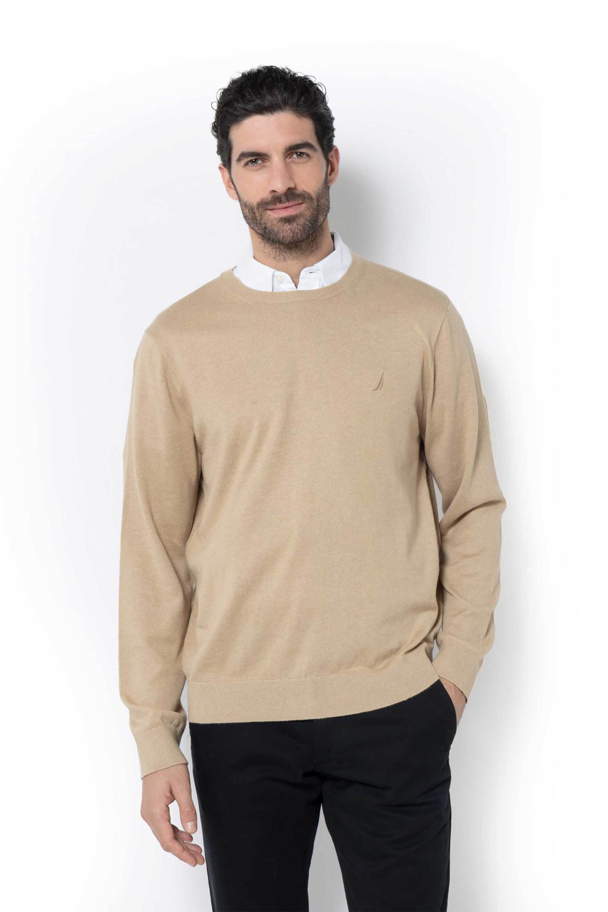 Nautica ανδρικό πουλόβερ μονόχρωμο με κεντημένο λογότυπο Regular Fit - S57104 Μπεζ