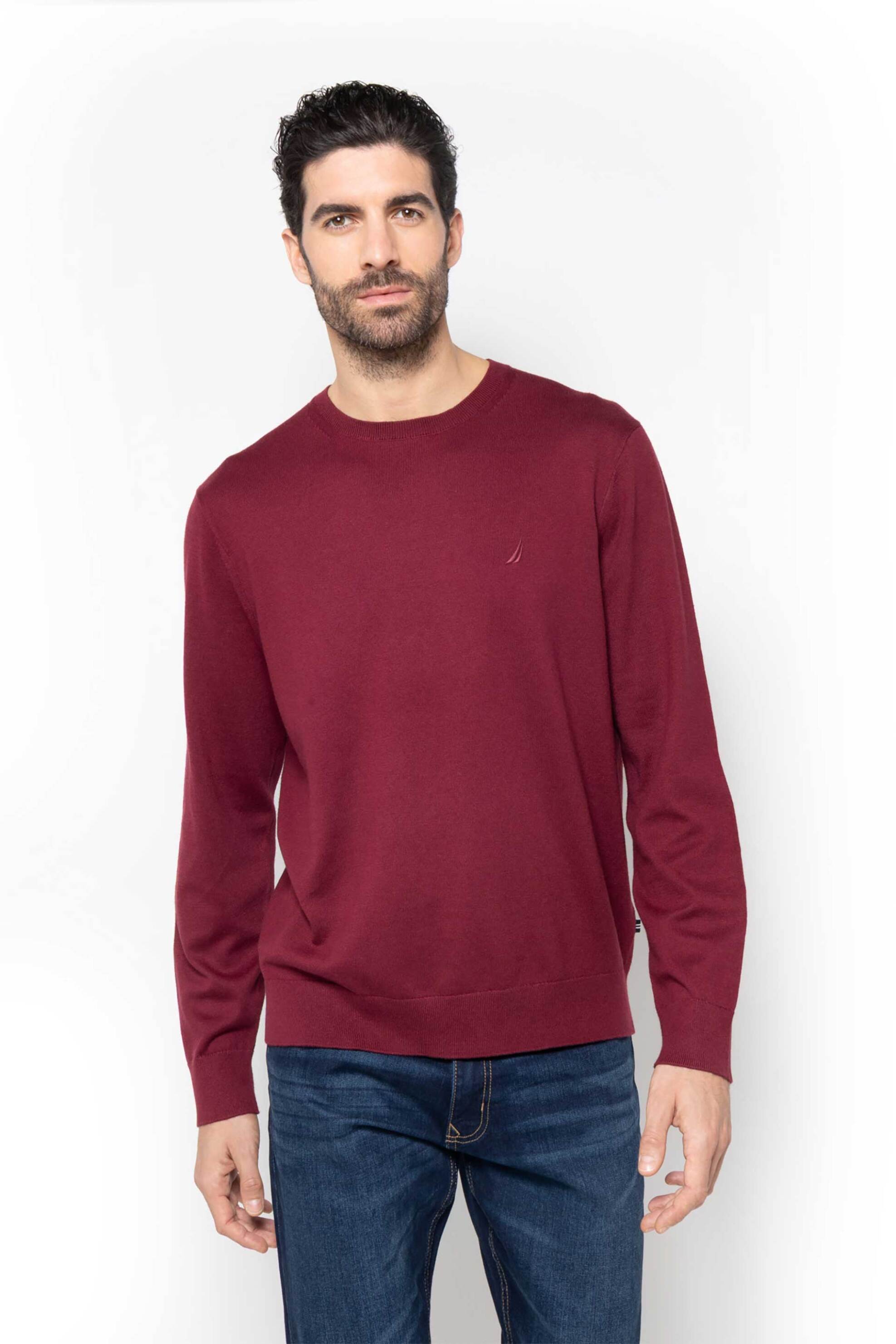 Nautica ανδρικό πουλόβερ μονόχρωμο με κεντημένο λογότυπο Regular Fit - S57104 Μπορντό