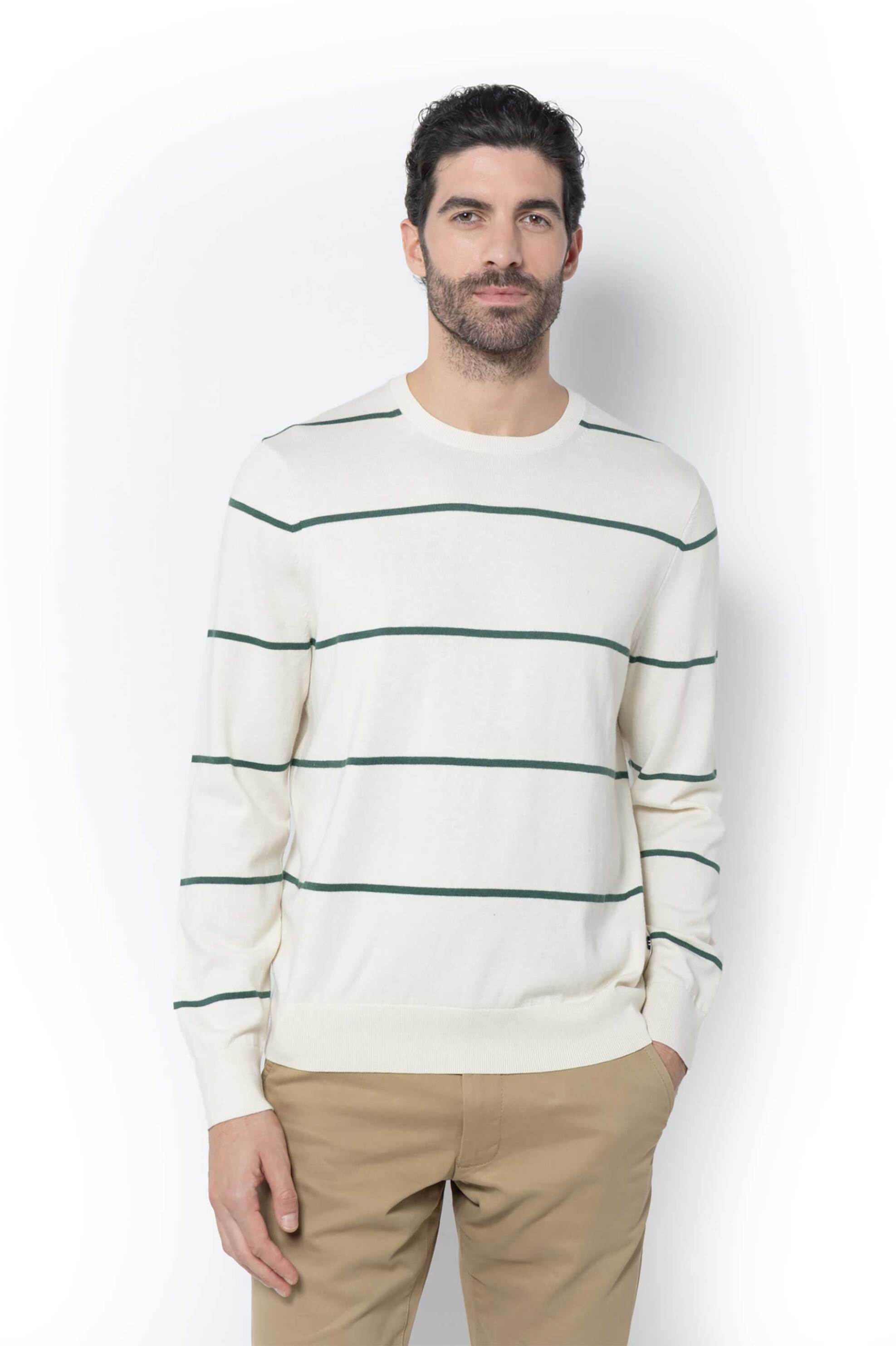 Nautica ανδρικό πουλόβερ με ριγέ σχέδιο και κεντημένο λογότυπο Regular Fit - S57105 Εκρού