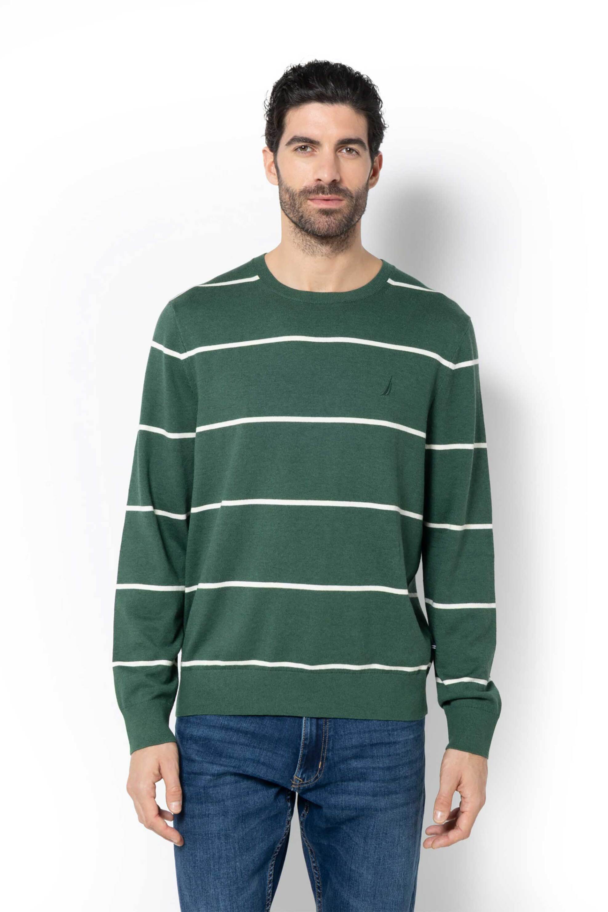 Nautica ανδρικό πουλόβερ με ριγέ σχέδιο και κεντημένο λογότυπο Regular Fit - S57105 Πράσινο