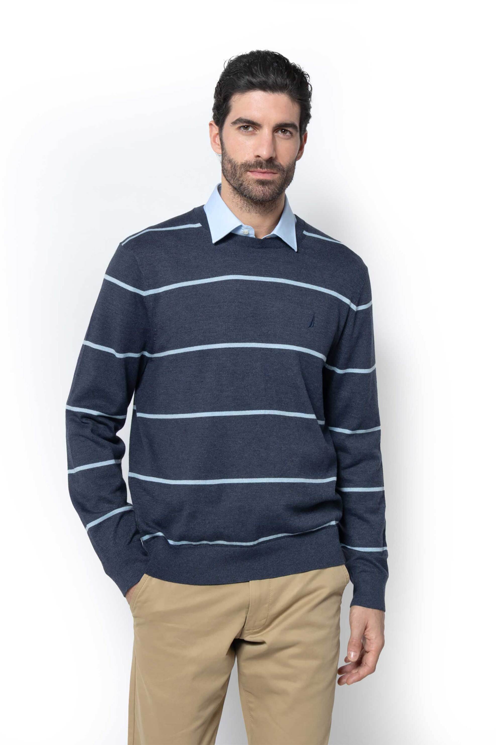 Nautica ανδρικό πουλόβερ με ριγέ σχέδιο και κεντημένο λογότυπο Regular Fit - S57105 Μπλε Σκούρο