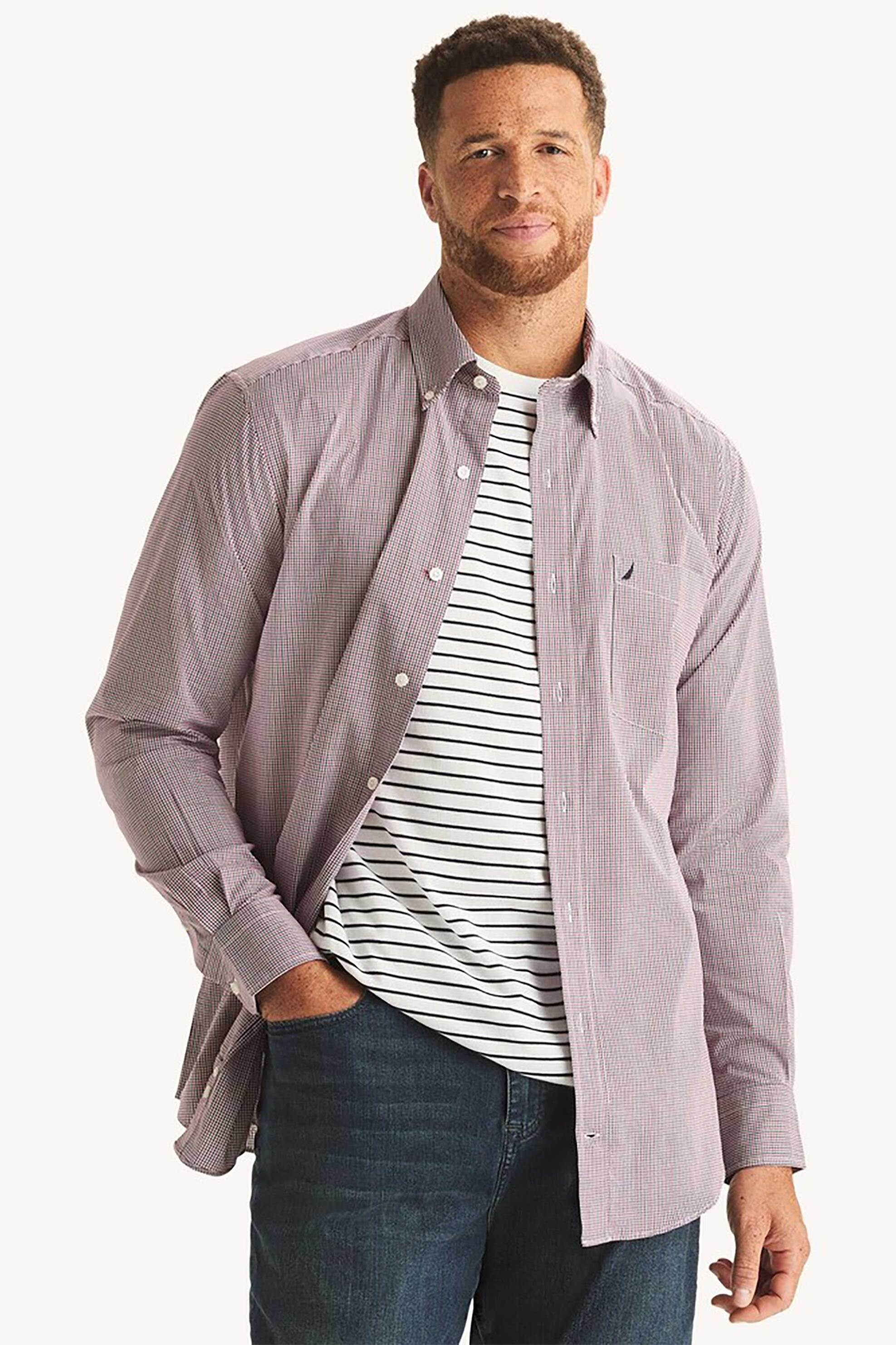 Nautica ανδρικό πουκάμισο button down με ψιλό καρό σχέδιο και τσέπη με λογότυπο Classic Fit - W57134 Κόκκινο