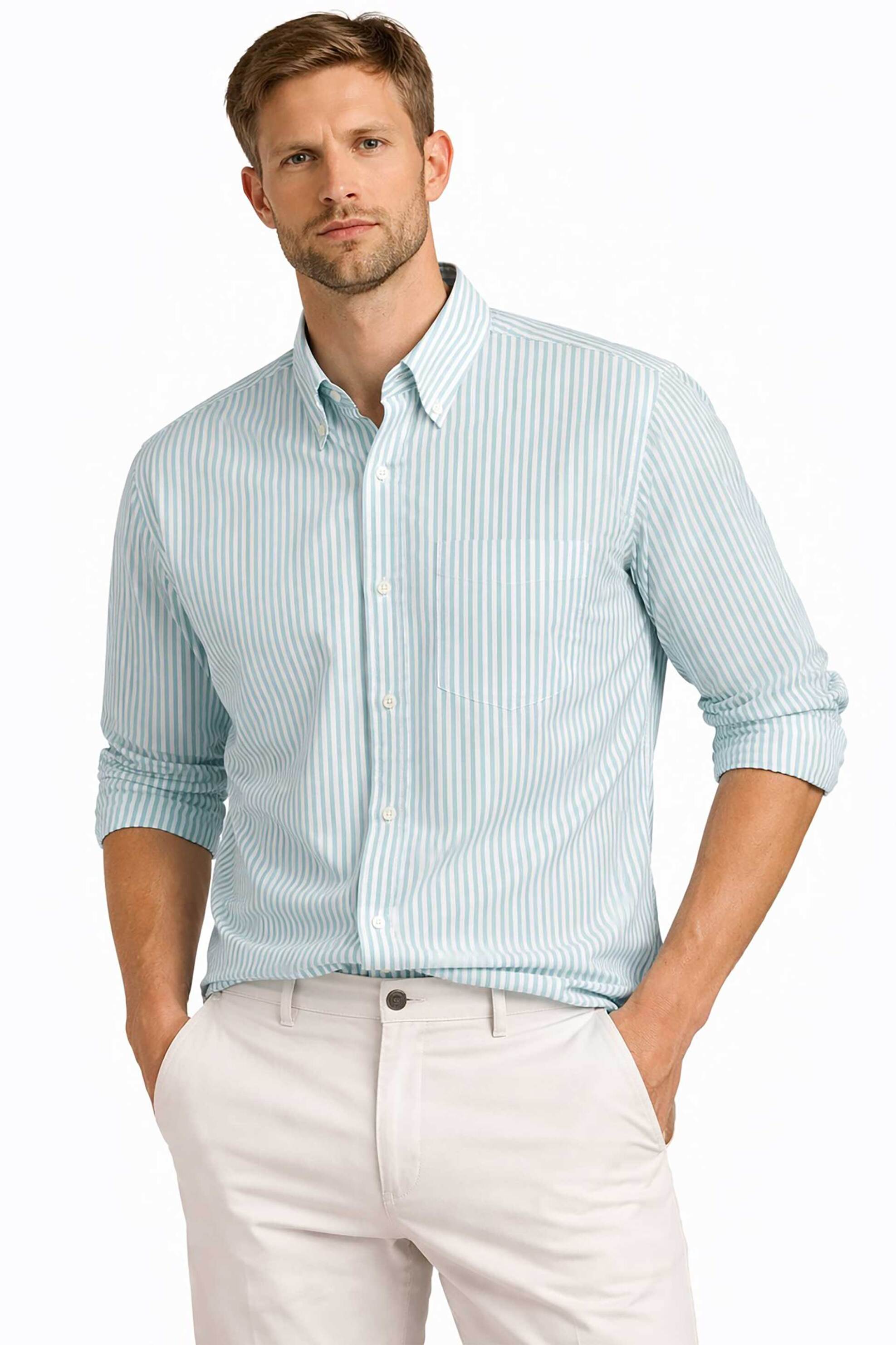 Nautica ανδρικό πουκάμισο button down με ριγέ σχέδιο και τσέπη Calssic Fit - W65210 Πράσινο Aqua