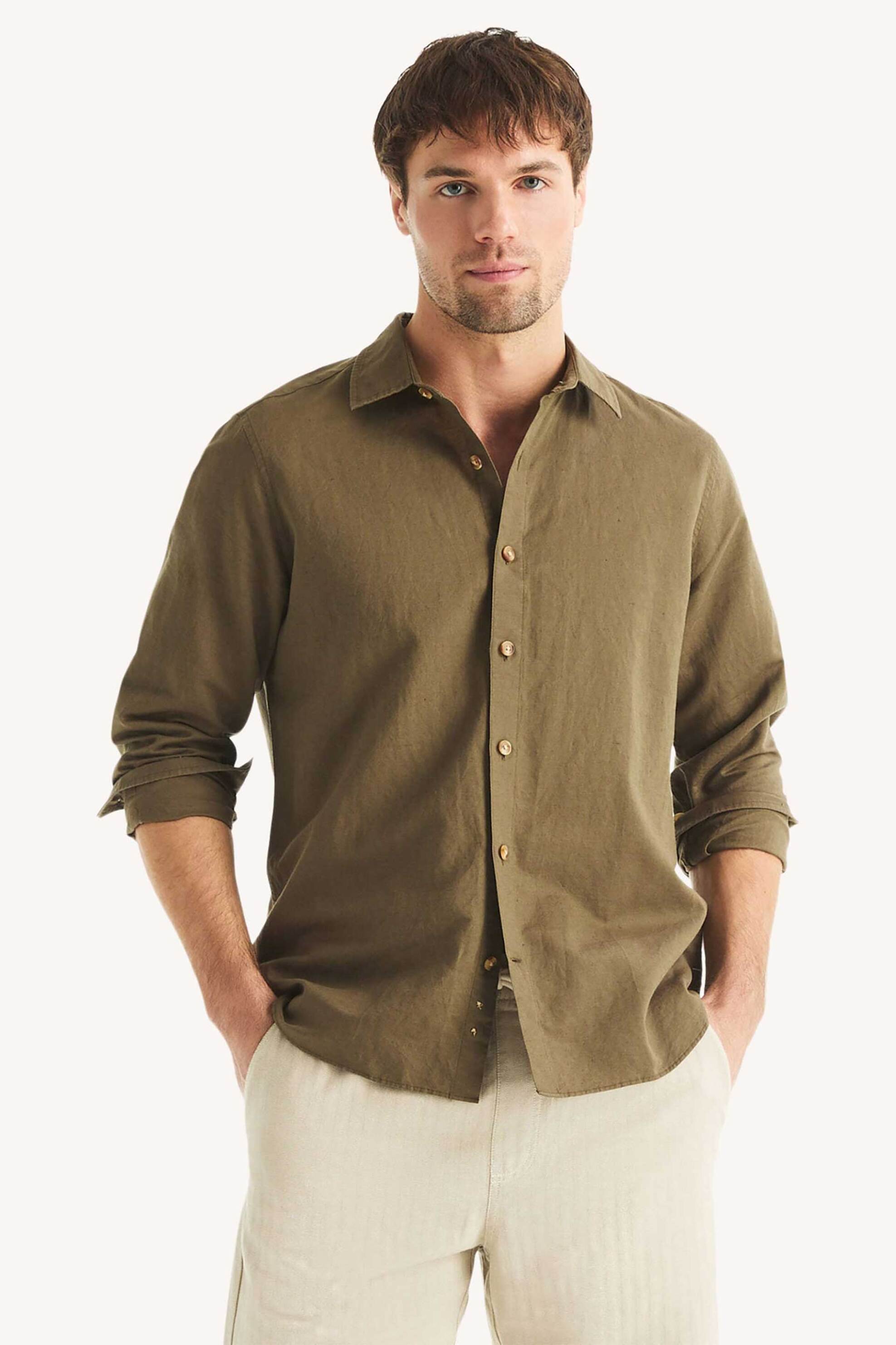 Nautica ανδρικό πουκάμισο με περιεκτικότητα σε λινάρι Classic Fit - WR6548 Λαδί