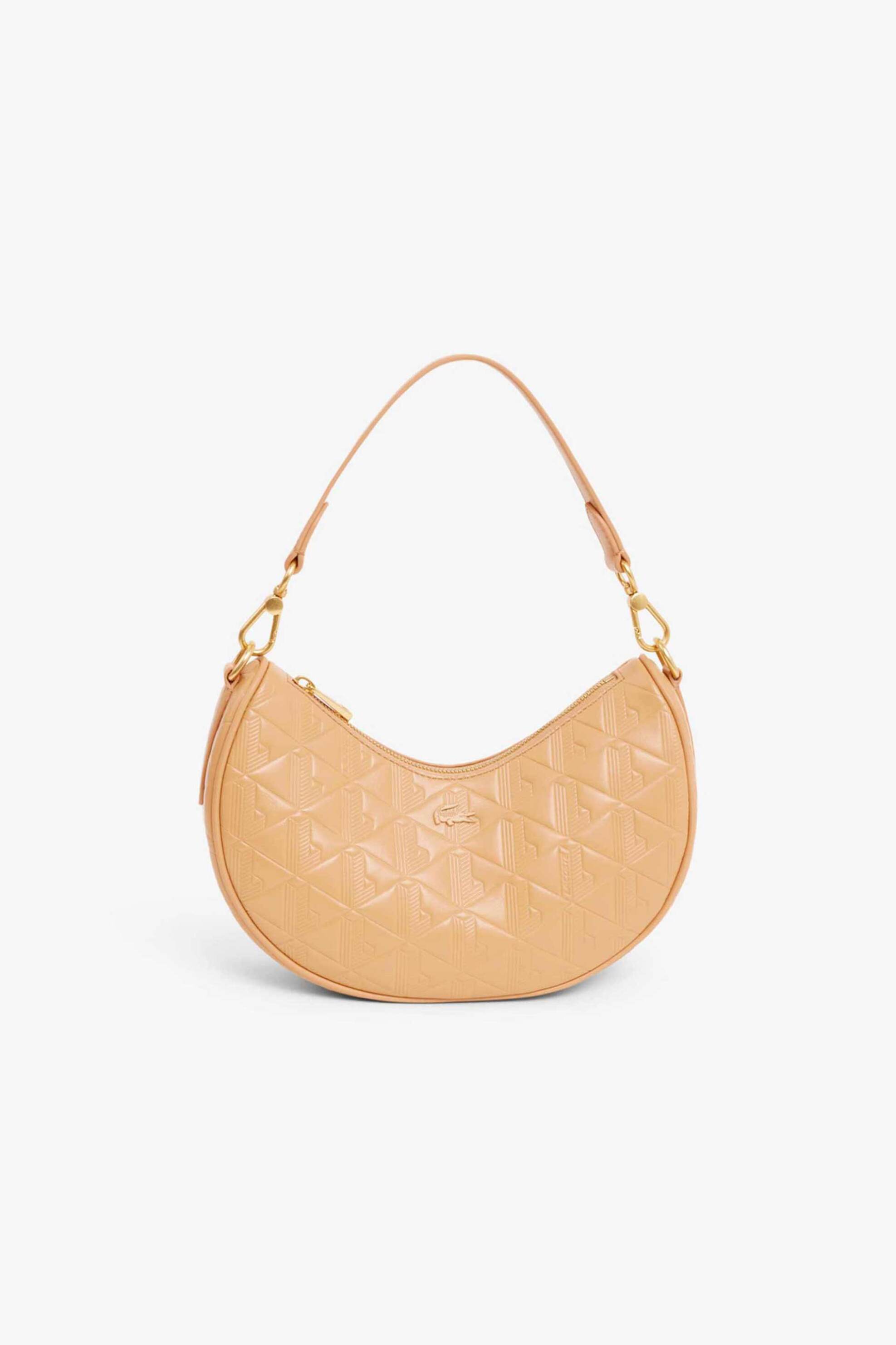 Lacoste γυναικεία δερμάτινη τσάντα ώμου με all-over monogram "Maheki Half Moon" - NF4710MH Καμηλό