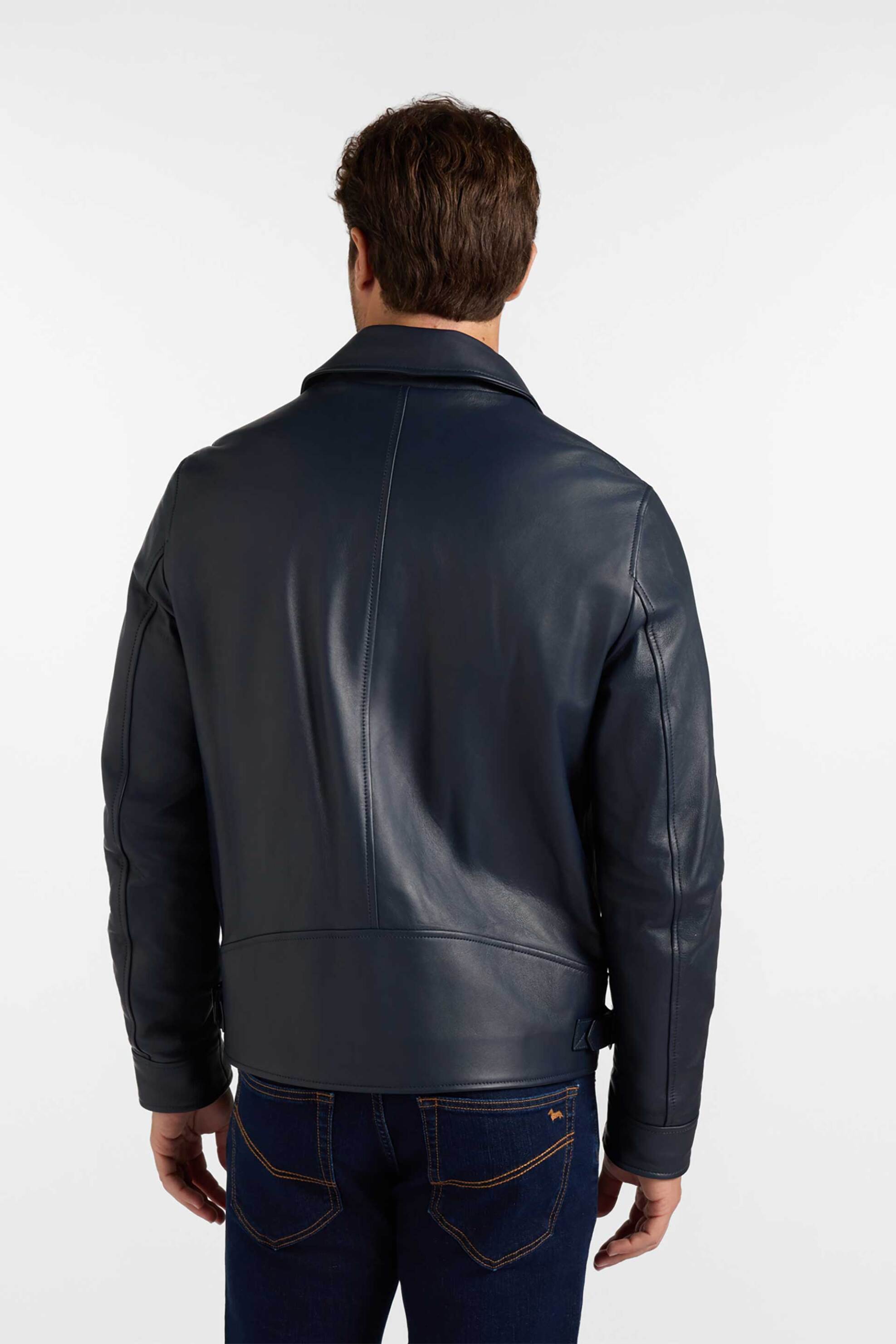 Harmont Blaine Ανδρικό Δερμάτινο Bomber Jacket με Κεντημένο Λογότυπο - P0R052085187 Μπλε Σκούρο