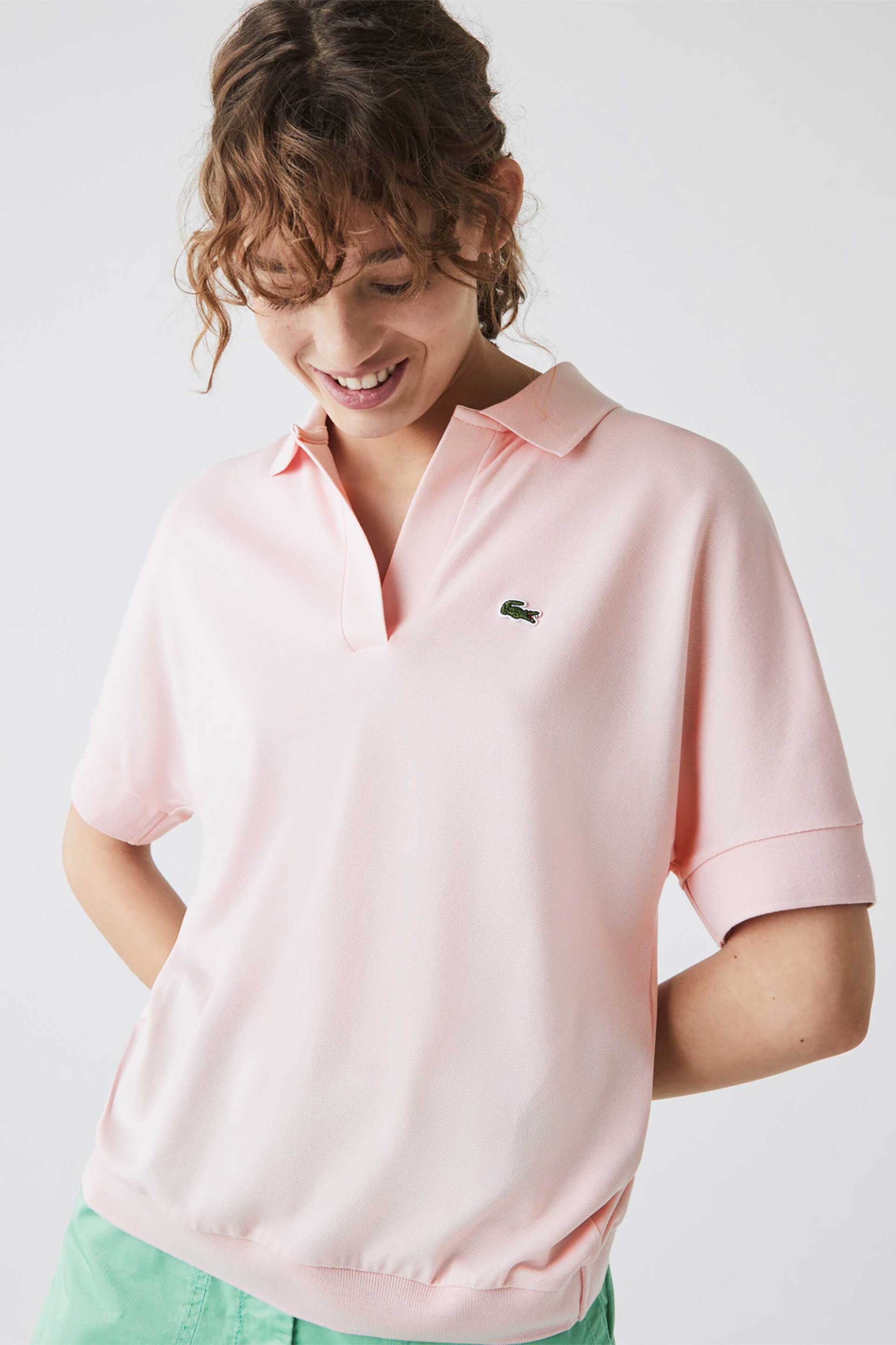 LACOSTE Lacoste γυναικεία κοντομάνικη μπλούζα πόλο πικέ με κεντημένο λογότυπο Relaxed Fit - PF0504 Ροζ Ανοιχτό