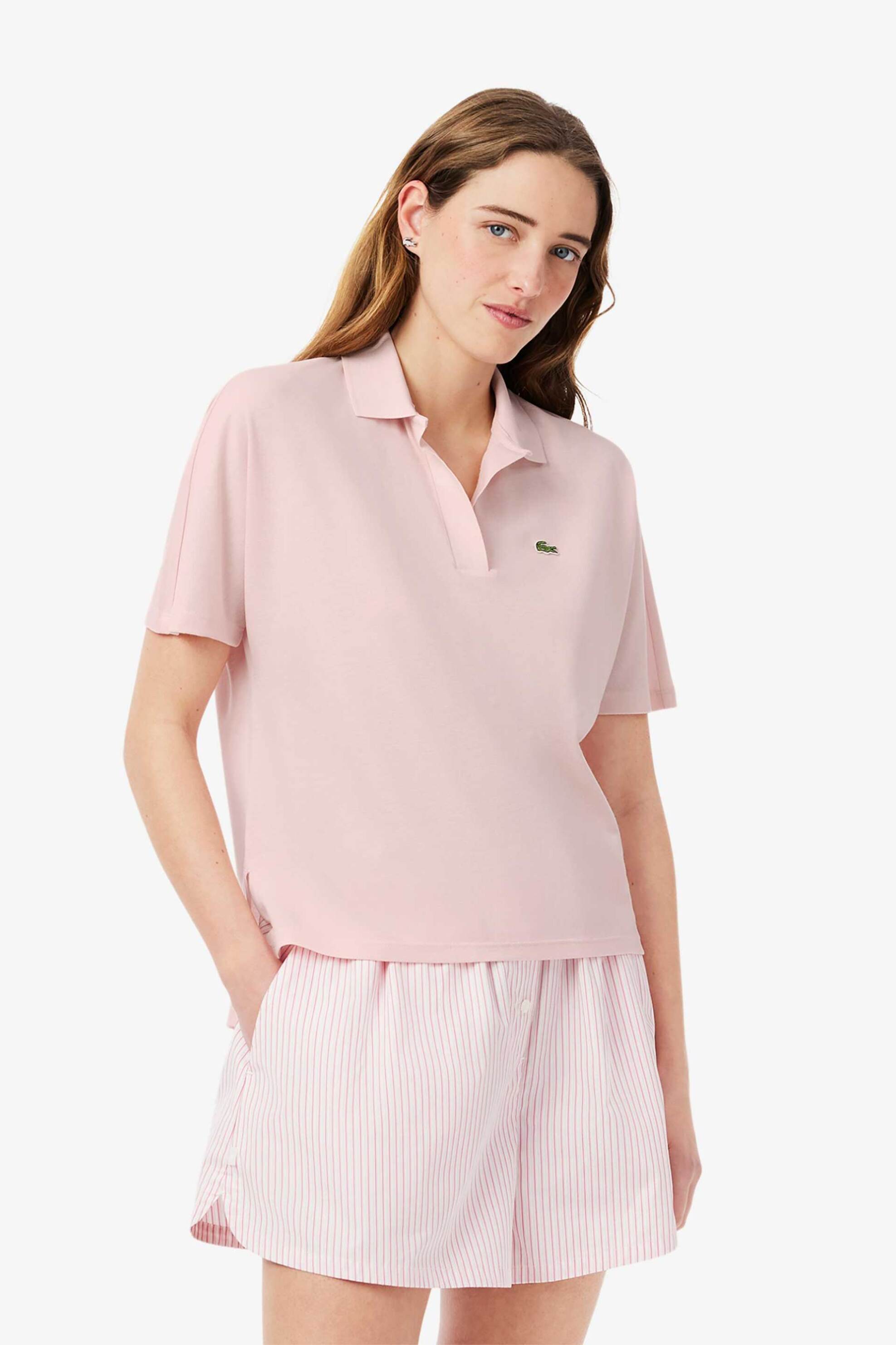 LACOSTE Lacoste γυναικεία μπλούζα πόλο πικέ κοντομάνικη με κεντημένο λογότυπο Relaxed Fit - PF1123-00 Ροζ Ανοιχτό
