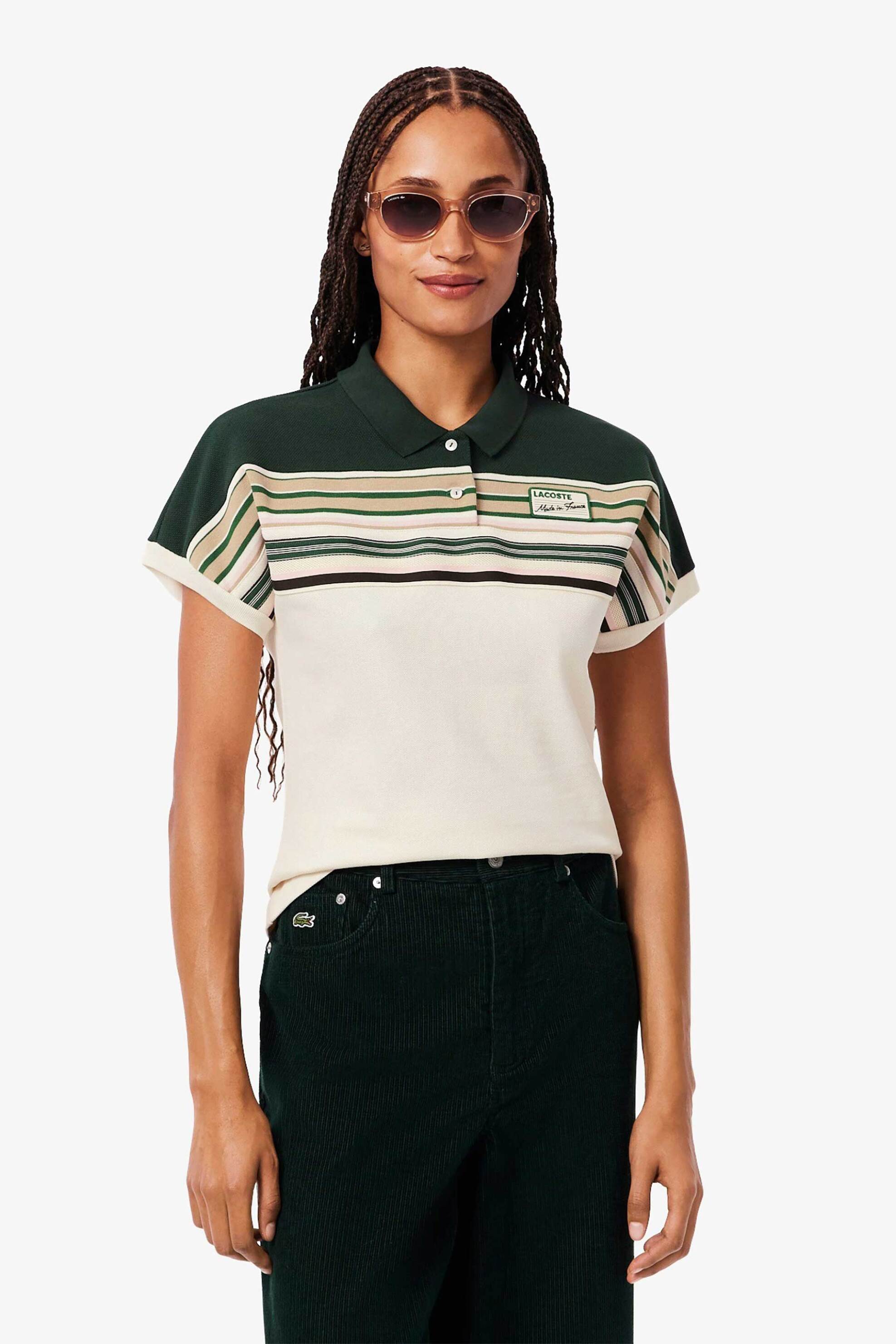 LACOSTE Lacoste γυναικεία μπλούζα πόλο πικέ με contrast ρίγες και logo patch Slim Fit - PF5291-00 Κρέμ