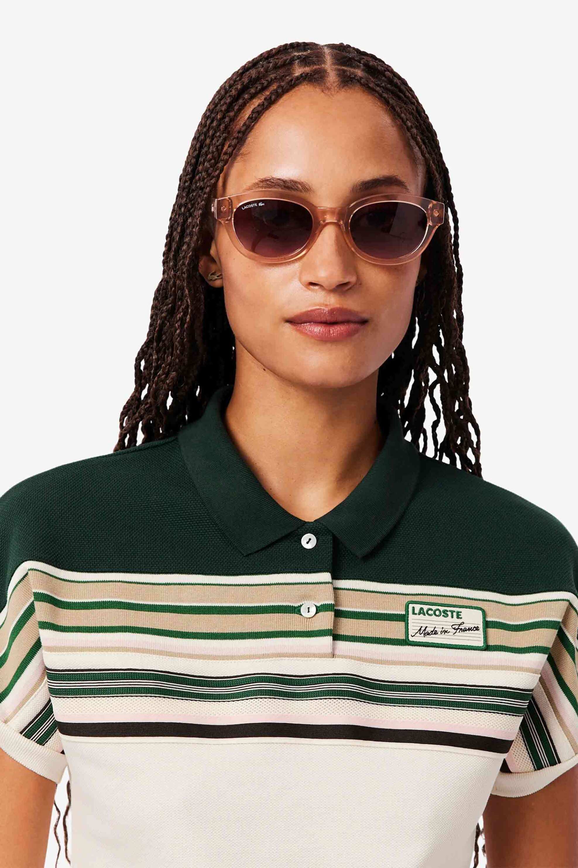 Lacoste γυναικεία μπλούζα πόλο πικέ με contrast ρίγες και logo patch Slim Fit - PF5291-00 Κρέμ φωτογραφία