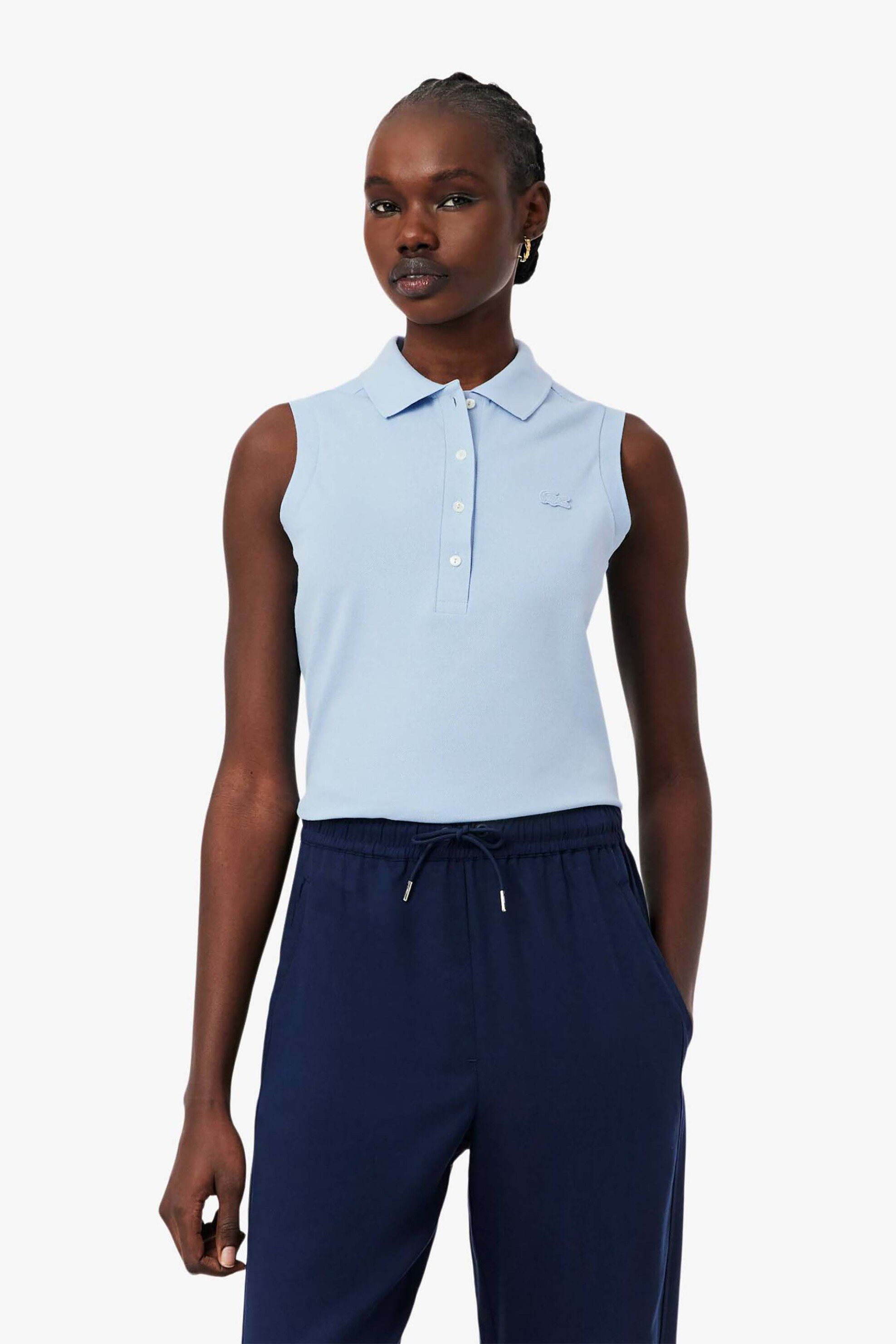 Lacoste γυναικεία μπλούζα πόλο αμάνικη πικέ με κεντημένο λογότυπο Slim Fit - PF5445 Μπλε Ανοιχτό
