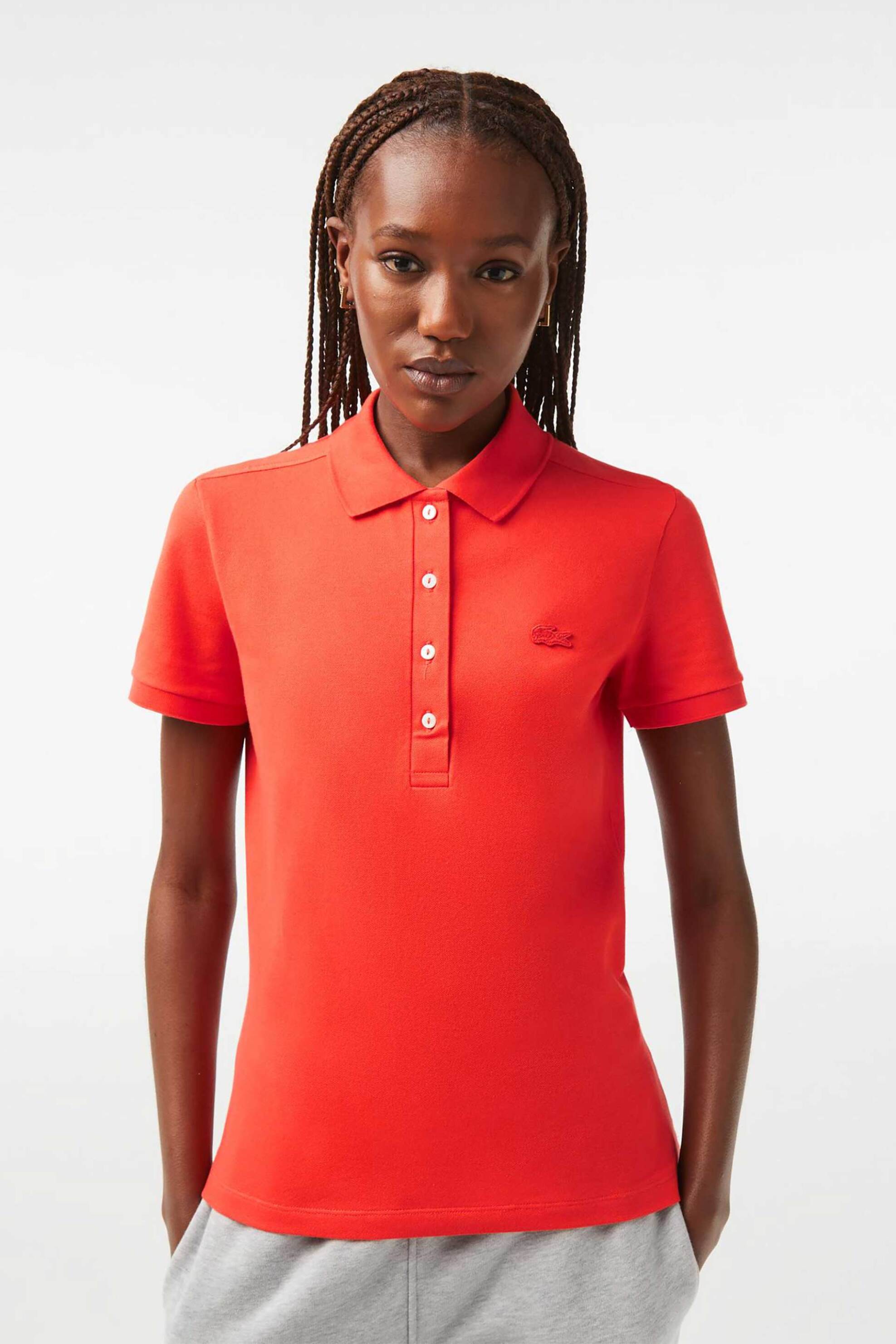 Lacoste Lacoste γυναικεία μπλούζα πόλο πικέ κοντομάνικη με κεντημένο λογότυπο Slim Fit - PF5462 Πορτοκαλί