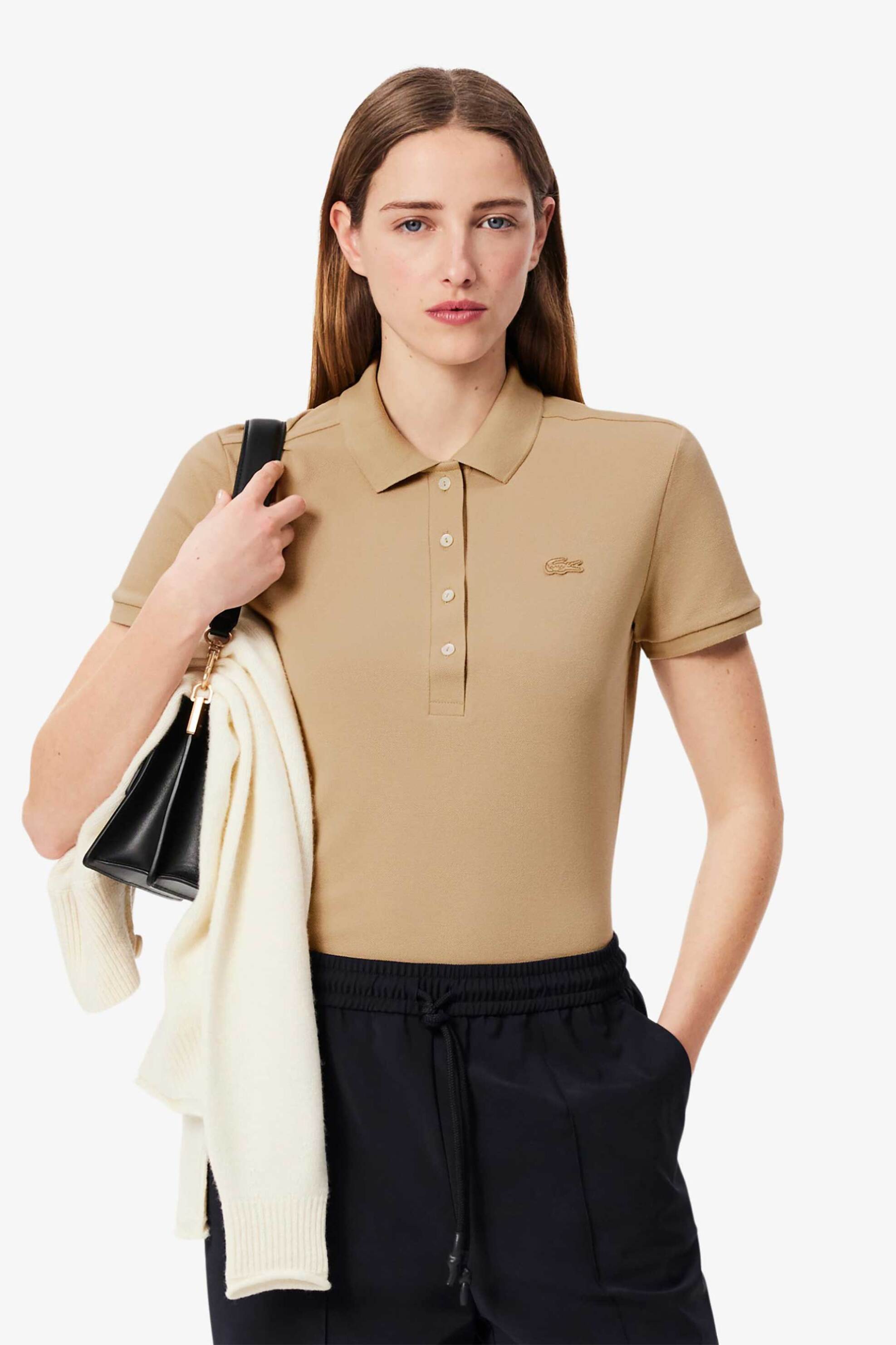 Lacoste Lacoste γυναικεία μπλούζα πόλο πικέ κοντομάνικη με κεντημένο λογότυπο Slim Fit - PF5462 Μπεζ