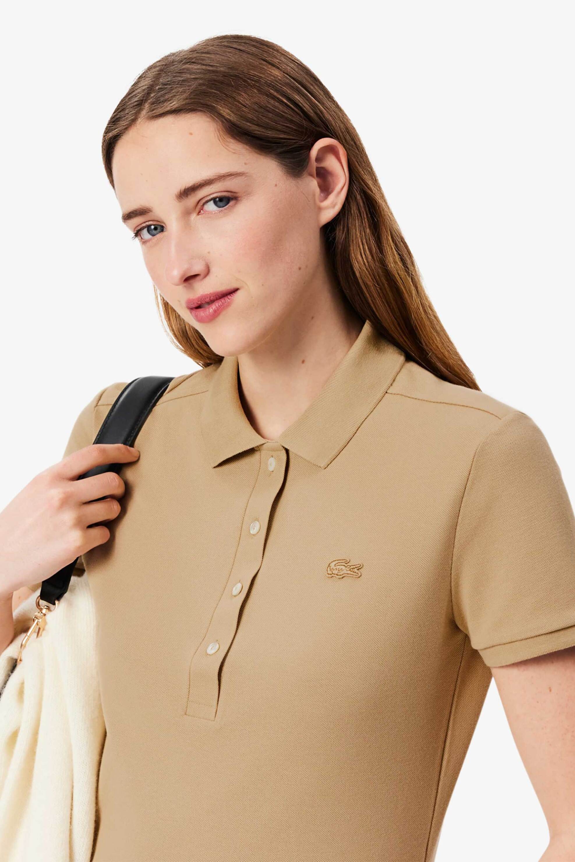Lacoste γυναικεία μπλούζα πόλο πικέ κοντομάνικη με κεντημένο λογότυπο Slim Fit - PF5462 Μπεζ