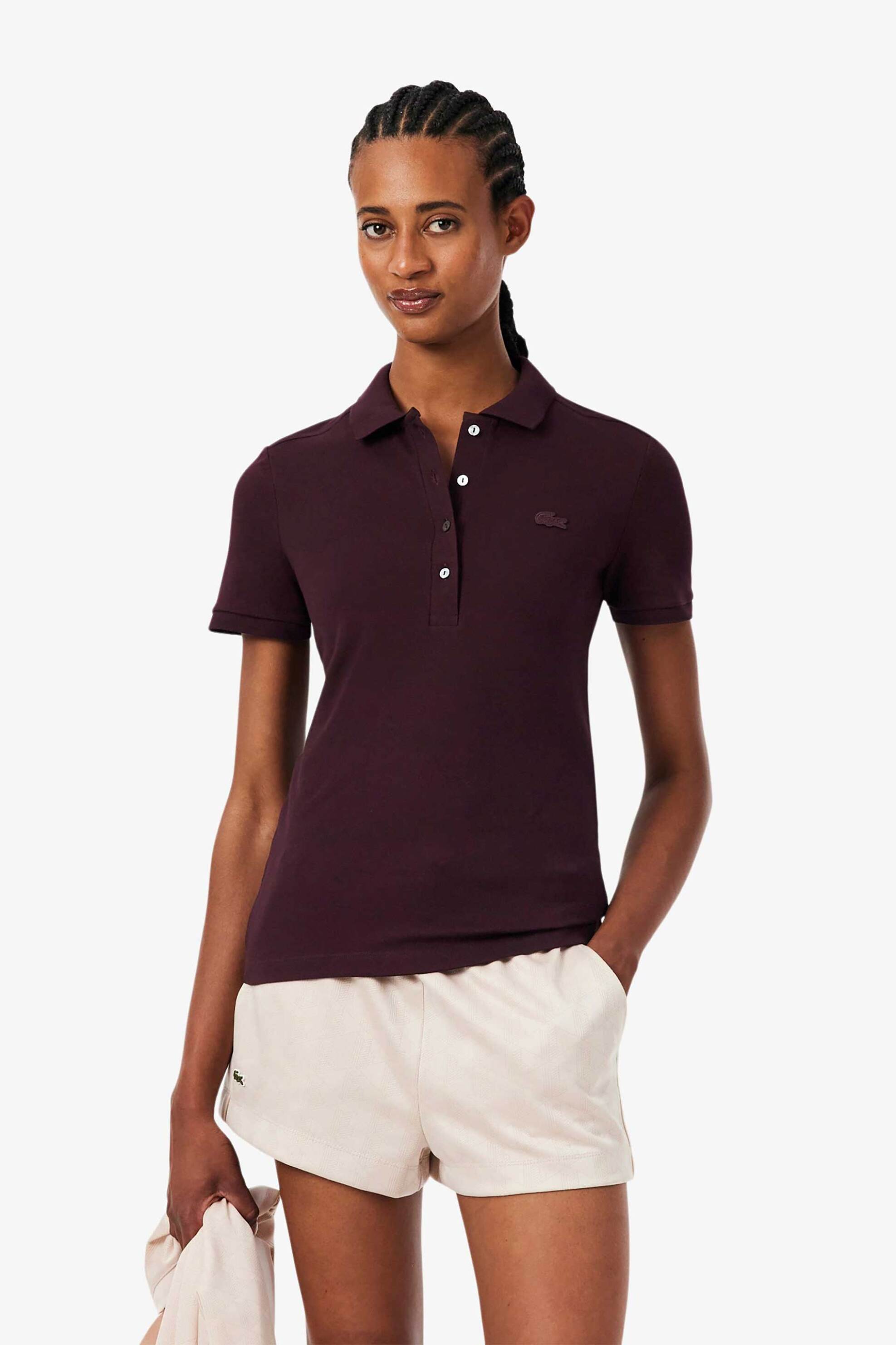 Lacoste γυναικεία μπλούζα πόλο πικέ κοντομάνικη με κεντημένο λογότυπο Slim Fit - PF5462 Μπορντό Σκούρο