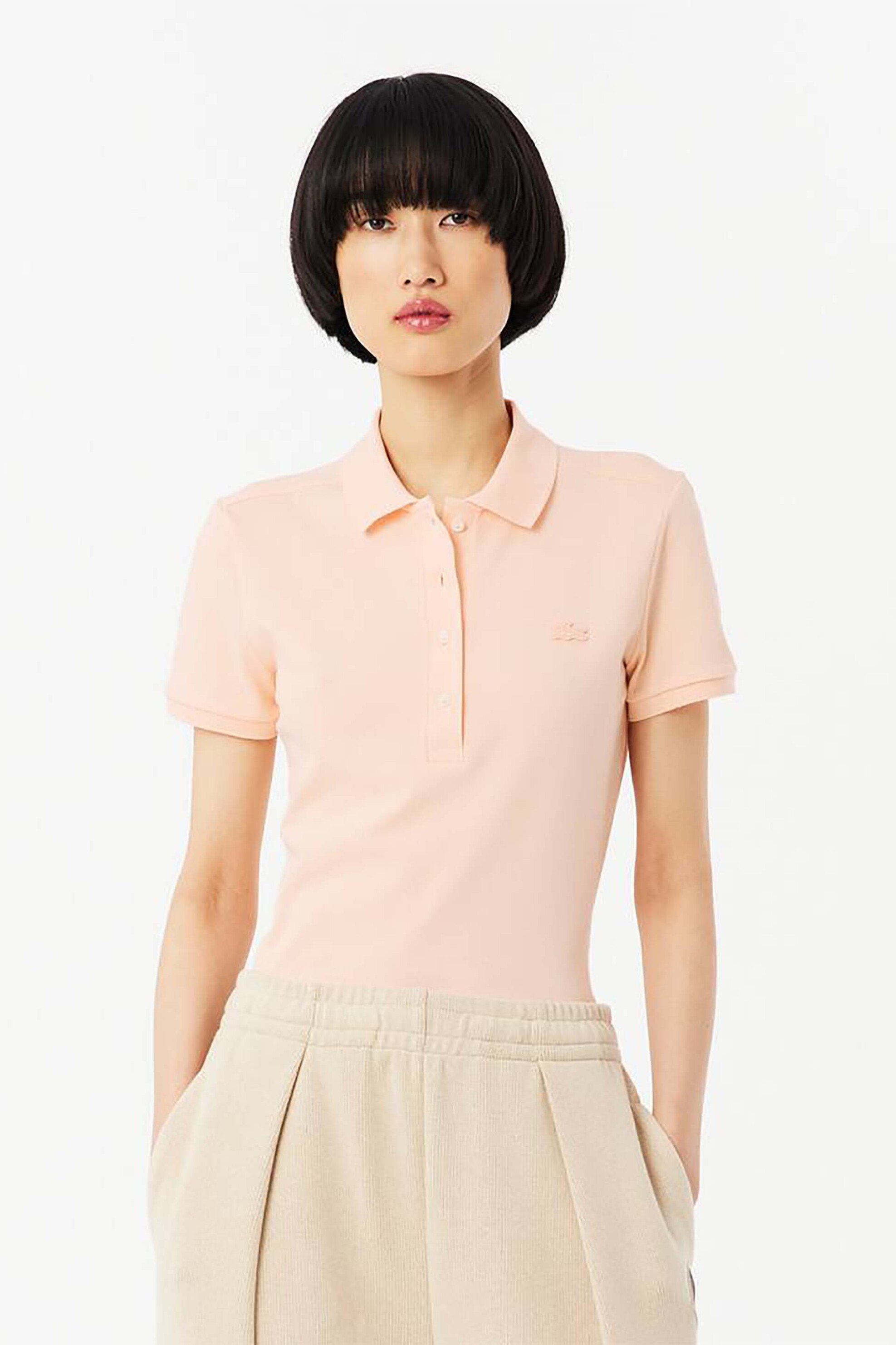 Lacoste γυναικεία μπλούζα πόλο πικέ κοντομάνικη με κεντημένο λογότυπο Slim Fit - PF5462 Ροζ Piggy