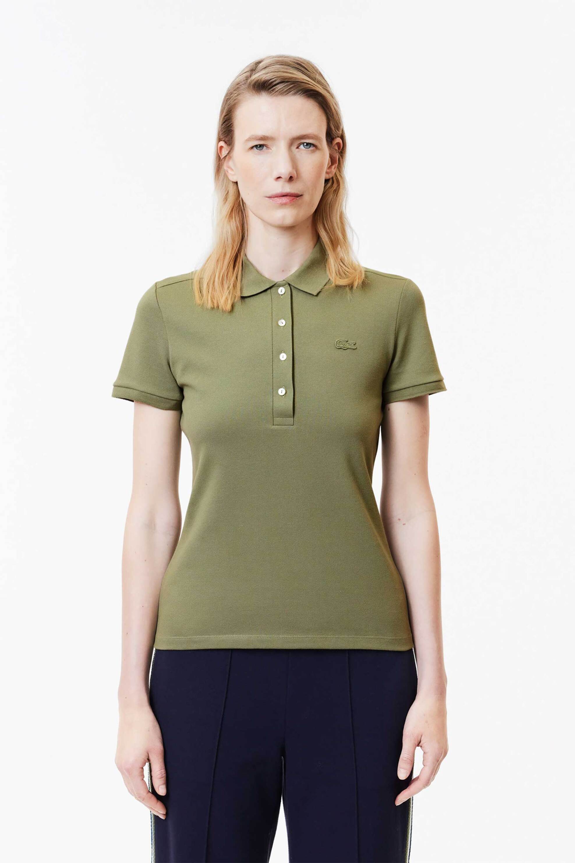 Lacoste Lacoste γυναικεία μπλούζα πόλο πικέ κοντομάνικη με κεντημένο λογότυπο Slim Fit - PF5462 Λαδί