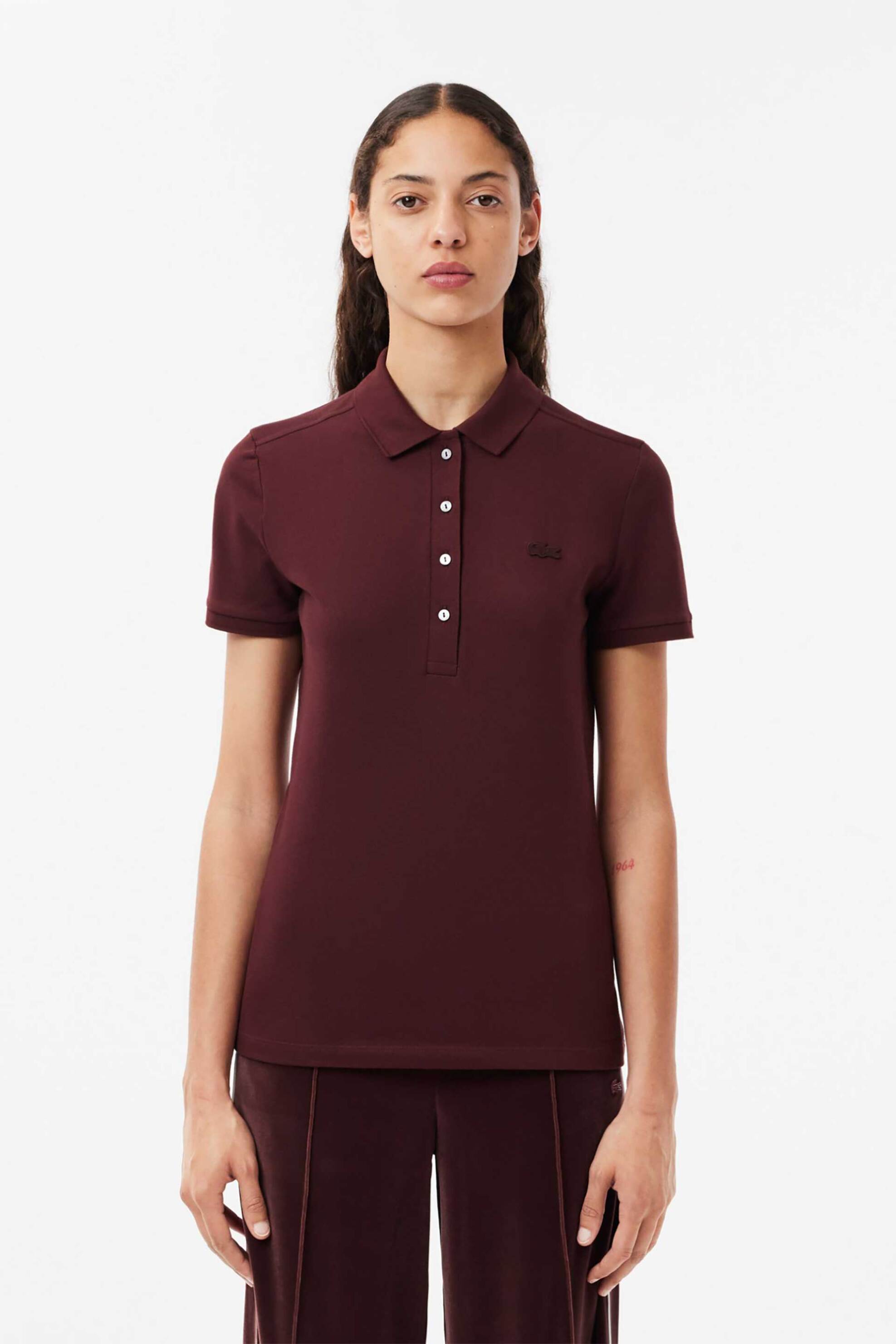 Lacoste Lacoste γυναικεία μπλούζα πόλο πικέ κοντομάνικη με κεντημένο λογότυπο Slim Fit - PF5462 Βυσσινί