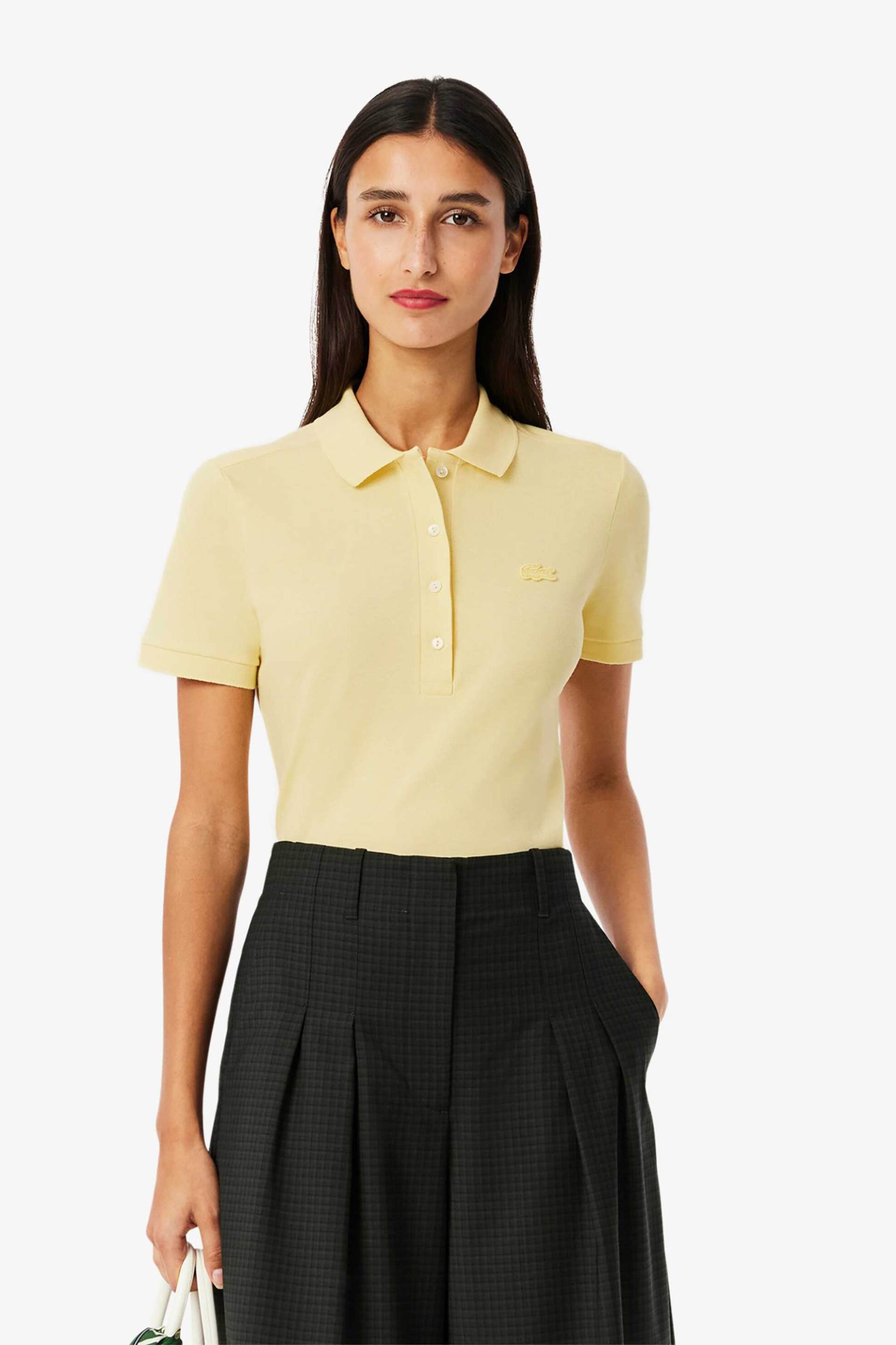 Lacoste Lacoste γυναικεία μπλούζα πόλο πικέ κοντομάνικη με κεντημένο λογότυπο Slim Fit - PF5462 Κίτρινο Ώχρα