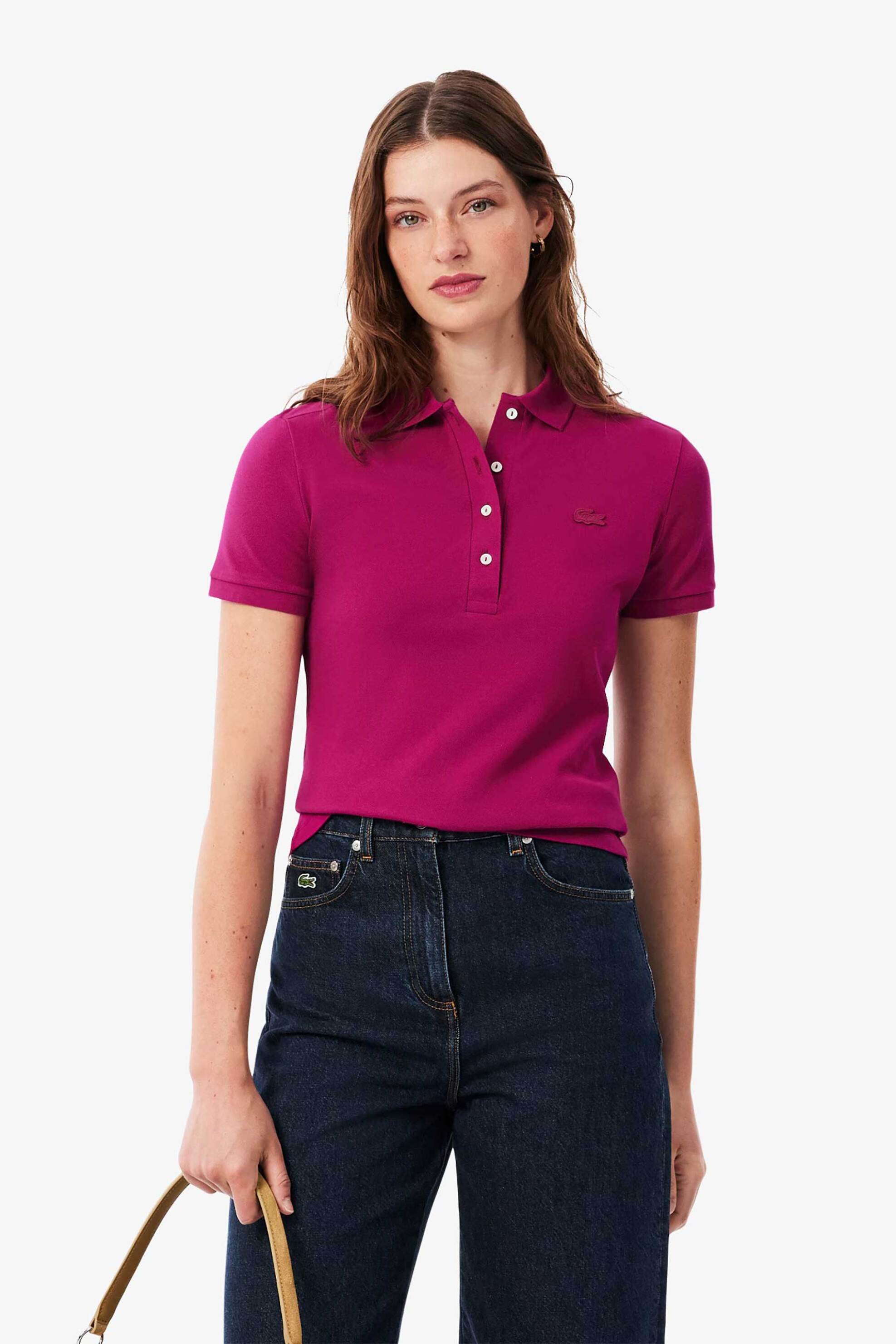 Lacoste γυναικεία μπλούζα πόλο πικέ κοντομάνικη με κεντημένο λογότυπο Slim Fit - PF5462 Φούξια