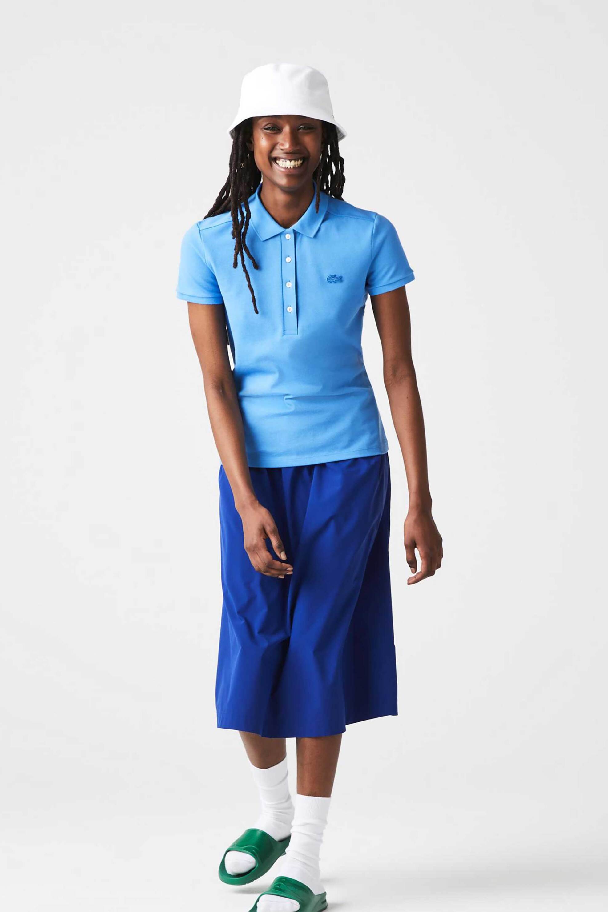 Lacoste Lacoste γυναικεία μπλούζα πόλο πικέ κοντομάνικη με κεντημένο λογότυπο Slim Fit - PF5462 Μπλε Celestial