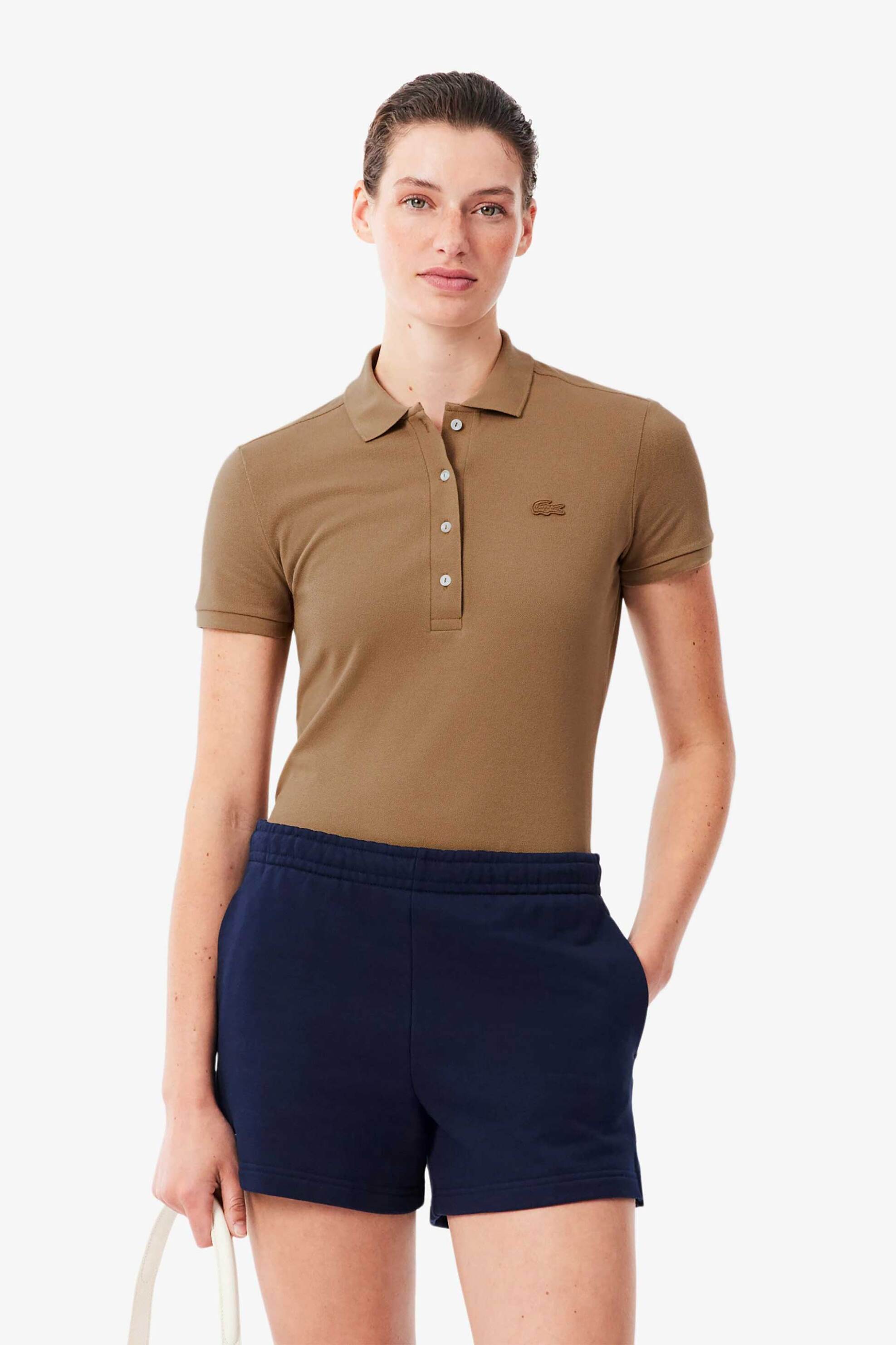 Lacoste γυναικεία μπλούζα πόλο πικέ κοντομάνικη με κεντημένο λογότυπο Slim Fit - PF5462 Καφέ