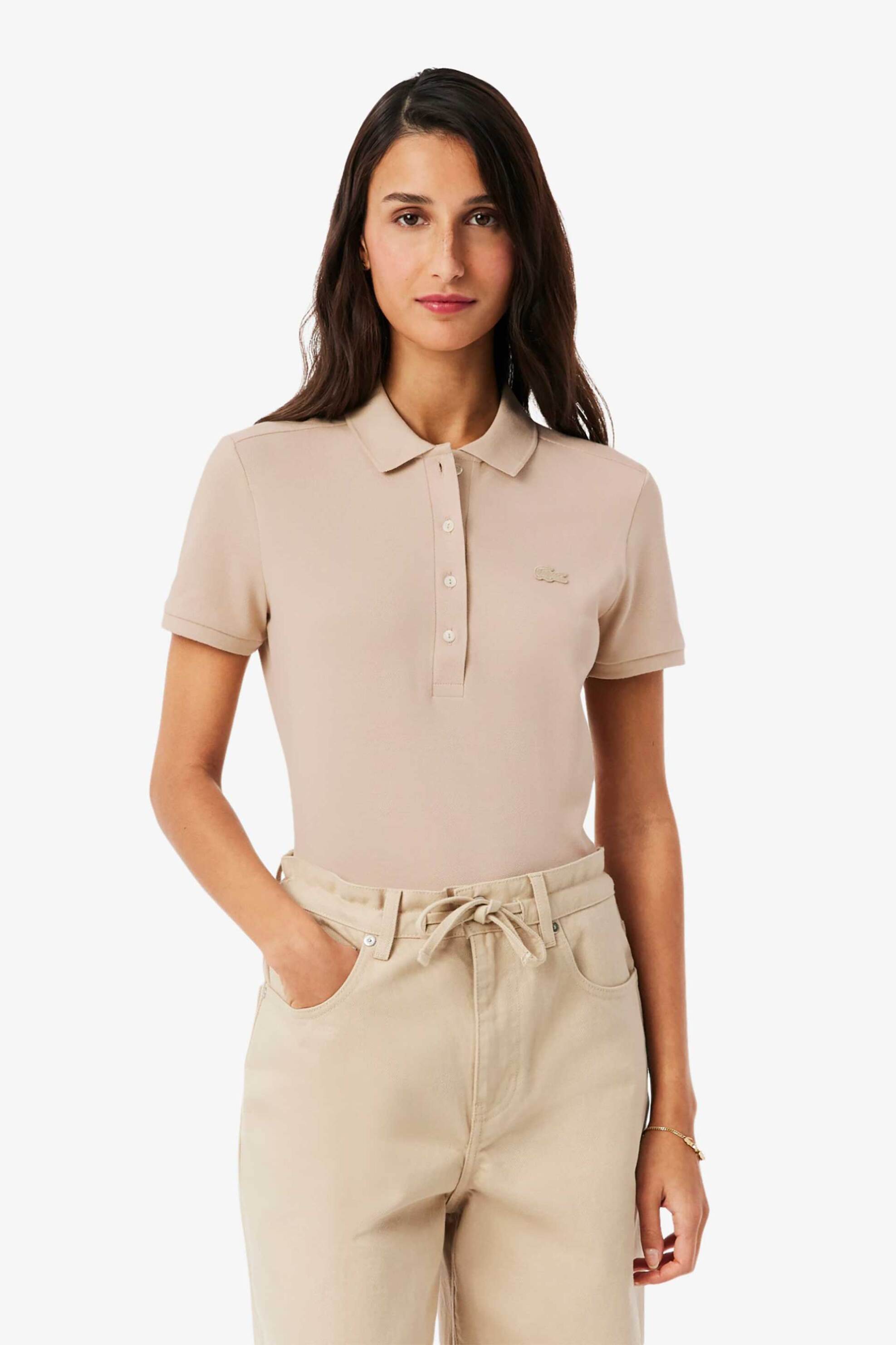 Lacoste Lacoste γυναικεία μπλούζα πόλο πικέ κοντομάνικη με κεντημένο λογότυπο Slim Fit - PF5462 Nude