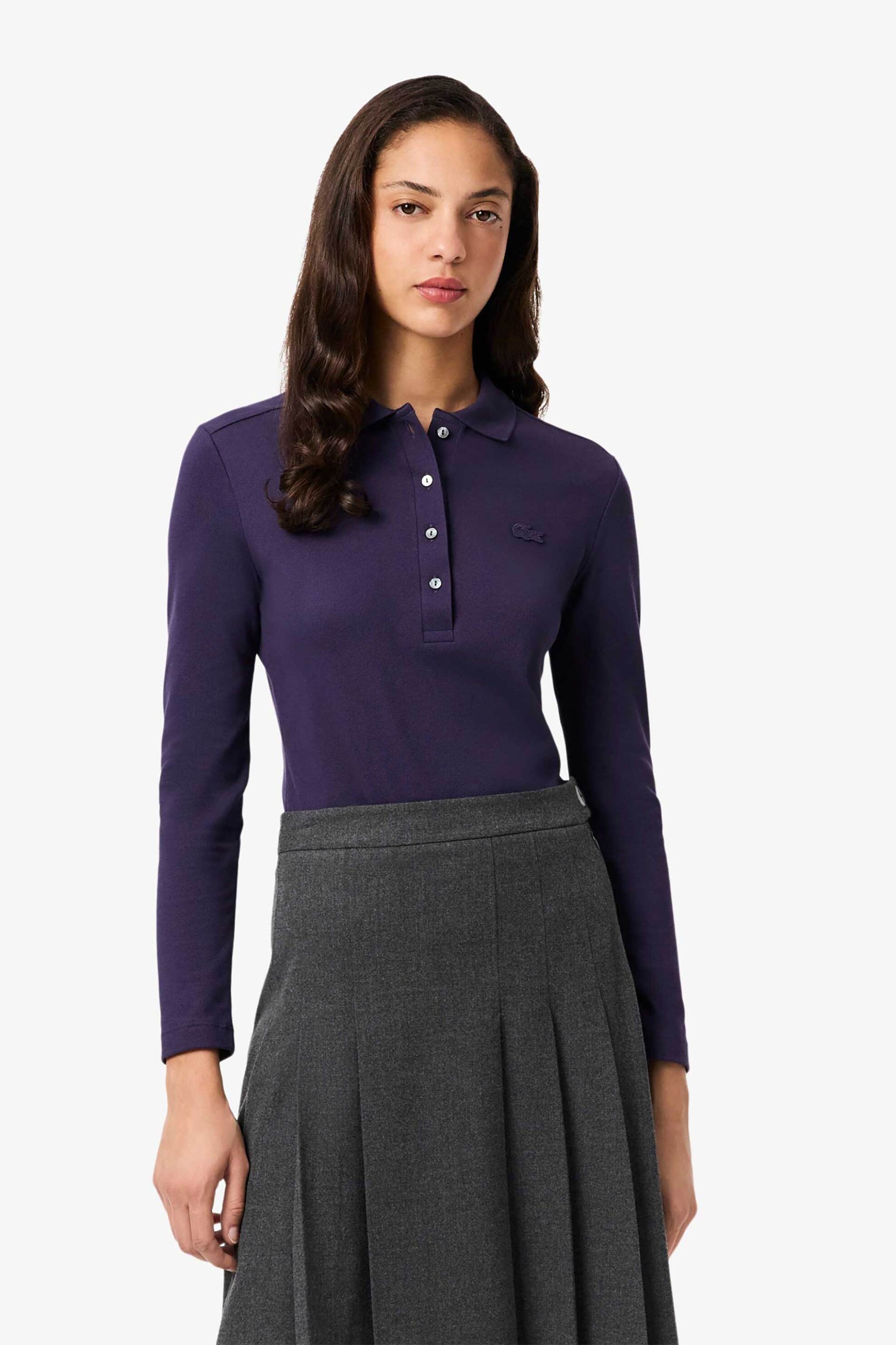 LACOSTE Lacoste γυναικεία μπλούζα πόλο πικέ με ton-sur-ton κεντημένο λογότυπο Slim Fit - PF5464 Μοβ Σκούρο
